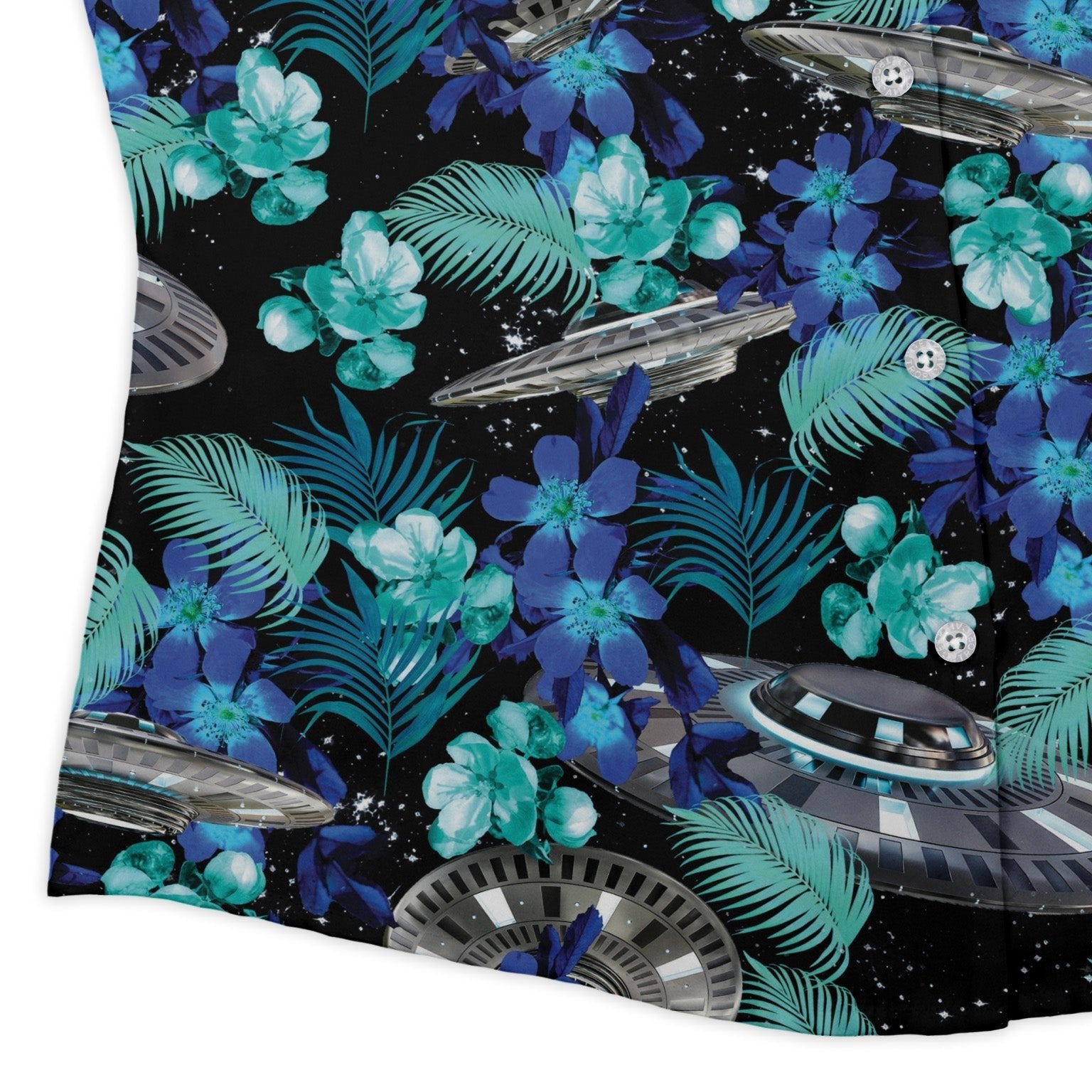 Tropical UFO Space Curvy Button Up Shirt Geek Nerd Design by Random Galaxy Maximalist Patterns outer space & astronaut print