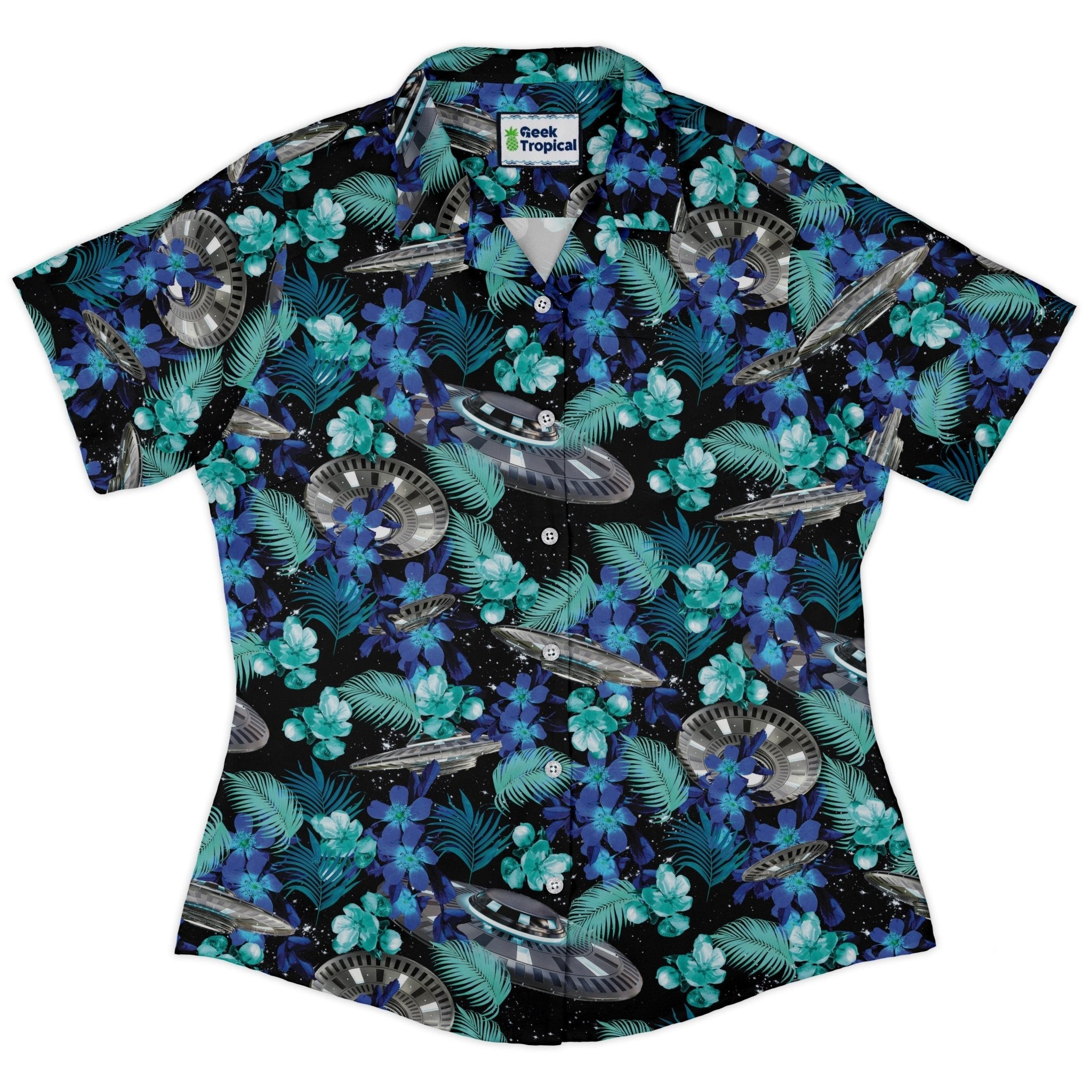 Clearance Ready - to - Ship Tropical UFO Space Curvy Button Up Shirt Geek Nerd Clearance Design by Random Galaxy Maximalist Patterns