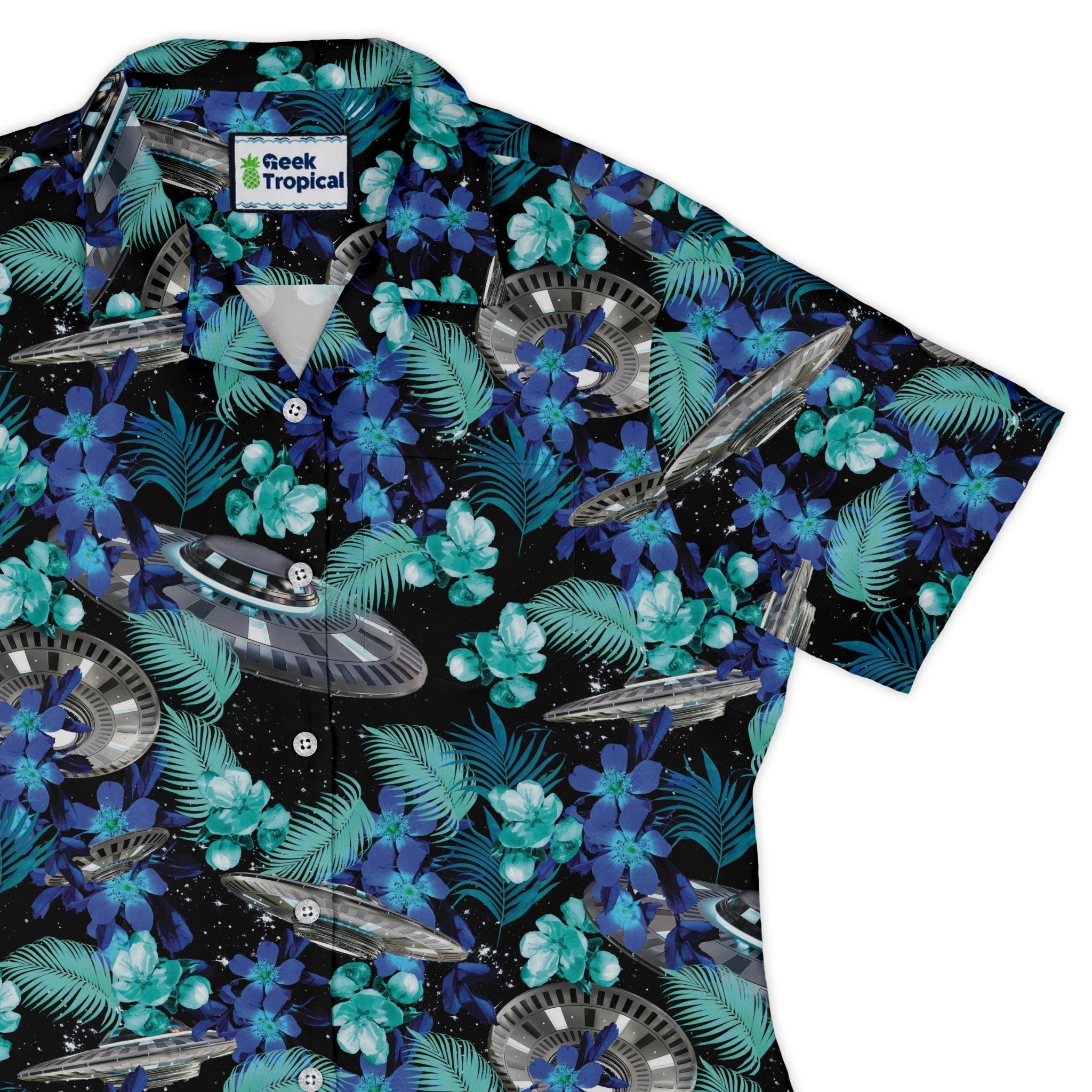 Tropical UFO Space Curvy Button Up Shirt Geek Nerd Design by Random Galaxy Maximalist Patterns outer space & astronaut print