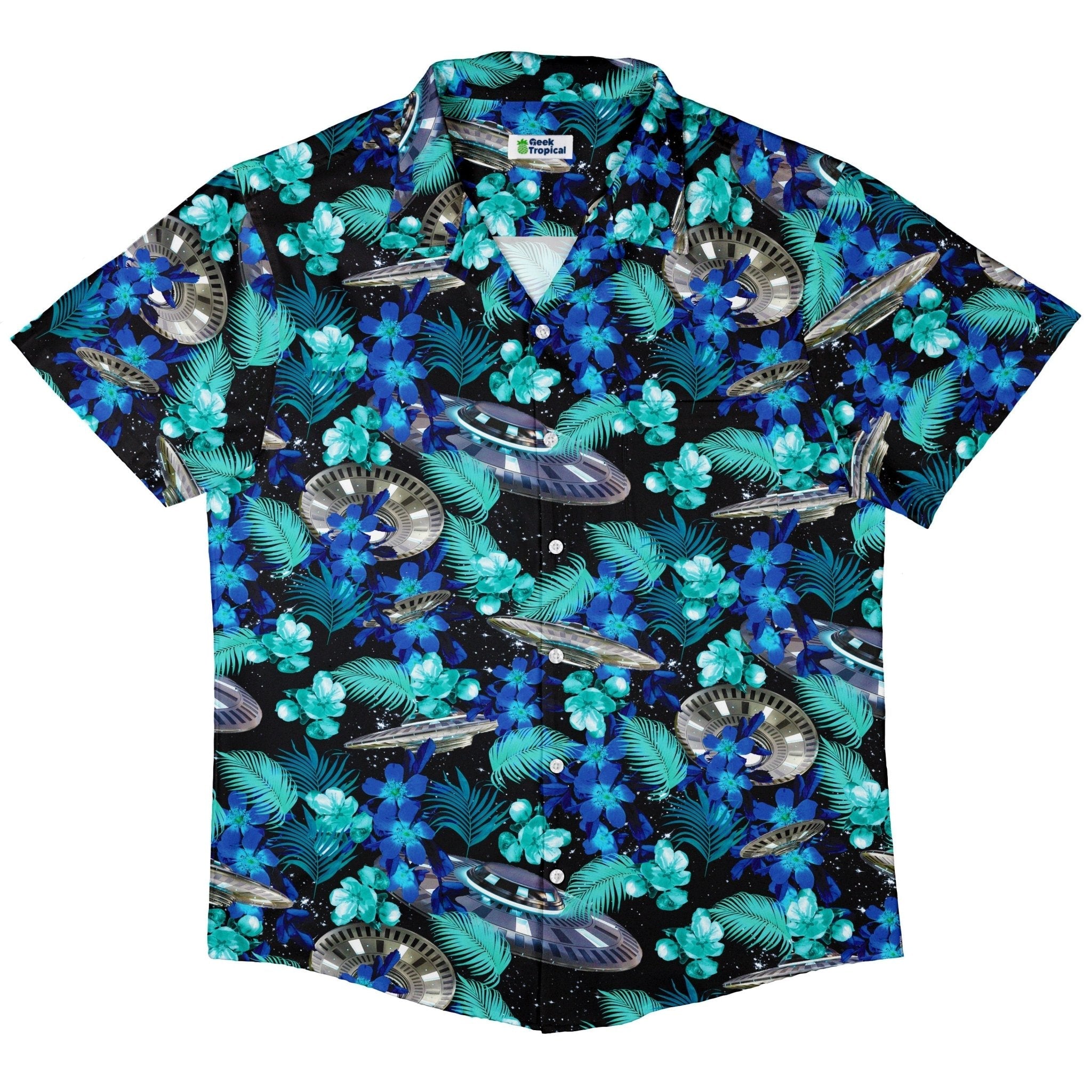 Clearance Ready - to - Ship Tropical UFO Space Button Up Shirt Geek Nerd adult sizing Clearance Design by Random Galaxy