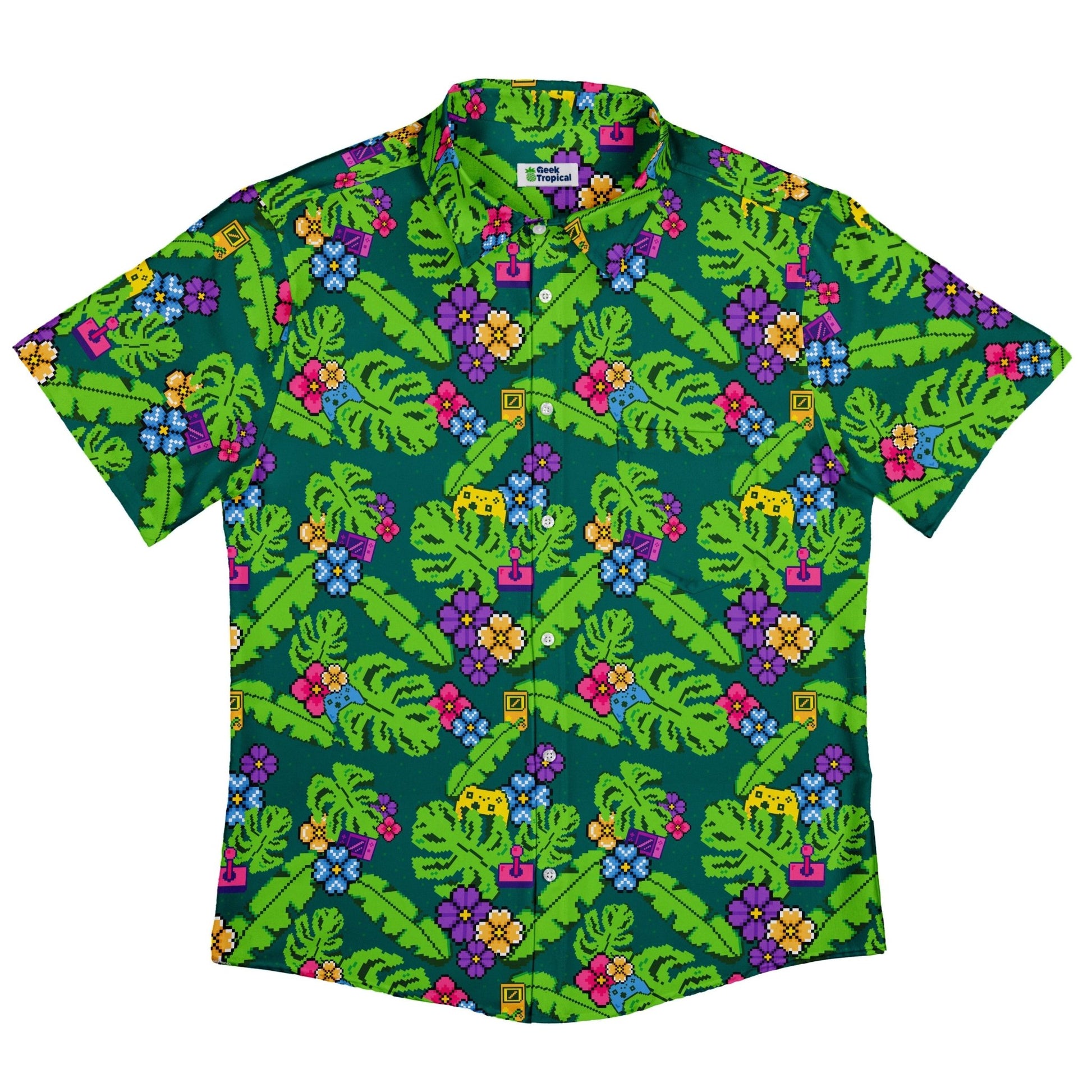 Tropical Video Game Pixels Button Up Shirt - adult sizing - Design by Dunking Toast - Tropical Hawaiian Patterns