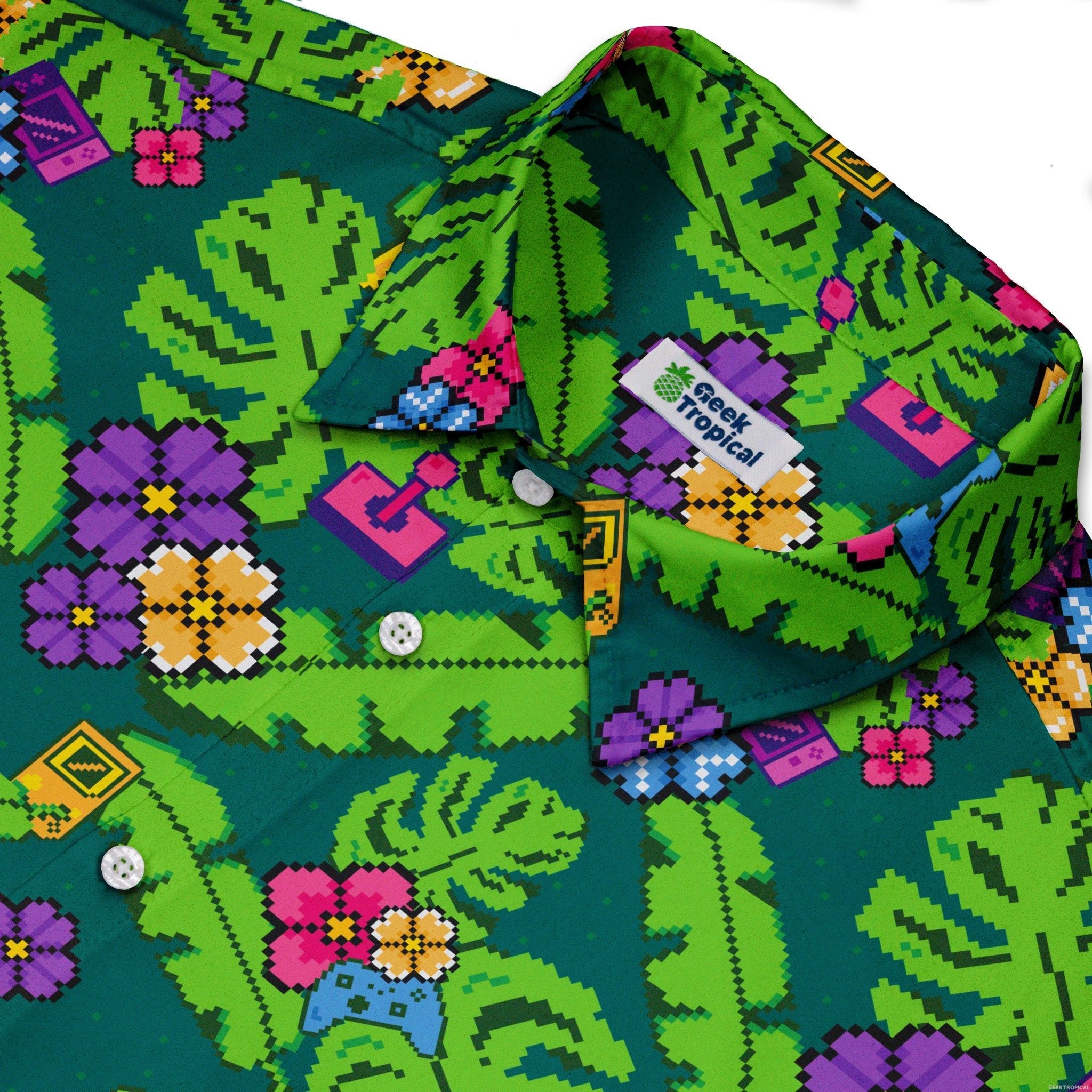 Tropical Video Game Pixels Button Up Shirt - adult sizing - Design by Dunking Toast - Tropical Hawaiian Patterns