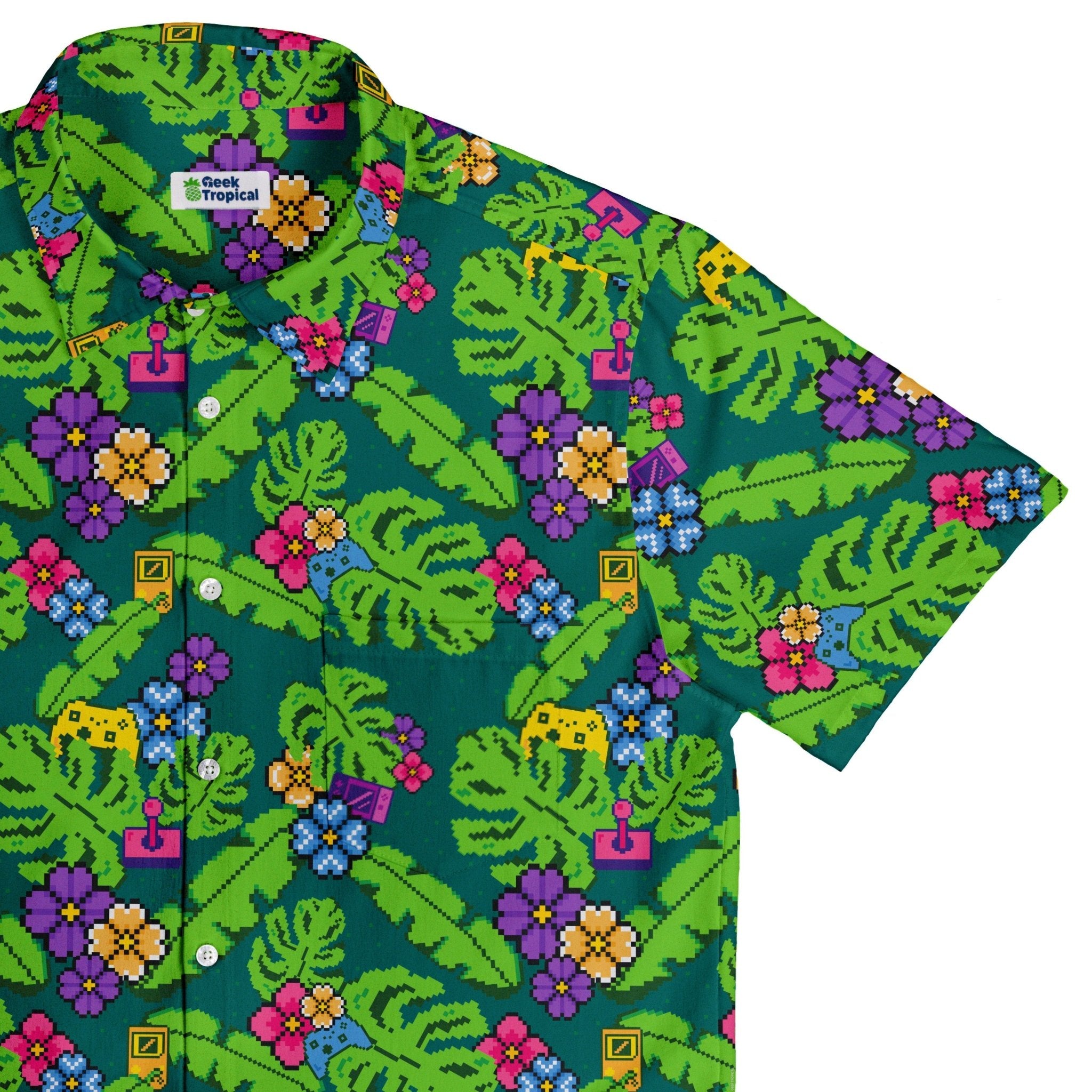 Tropical Video Game Pixels Button Up Shirt - adult sizing - Design by Dunking Toast - Tropical Hawaiian Patterns