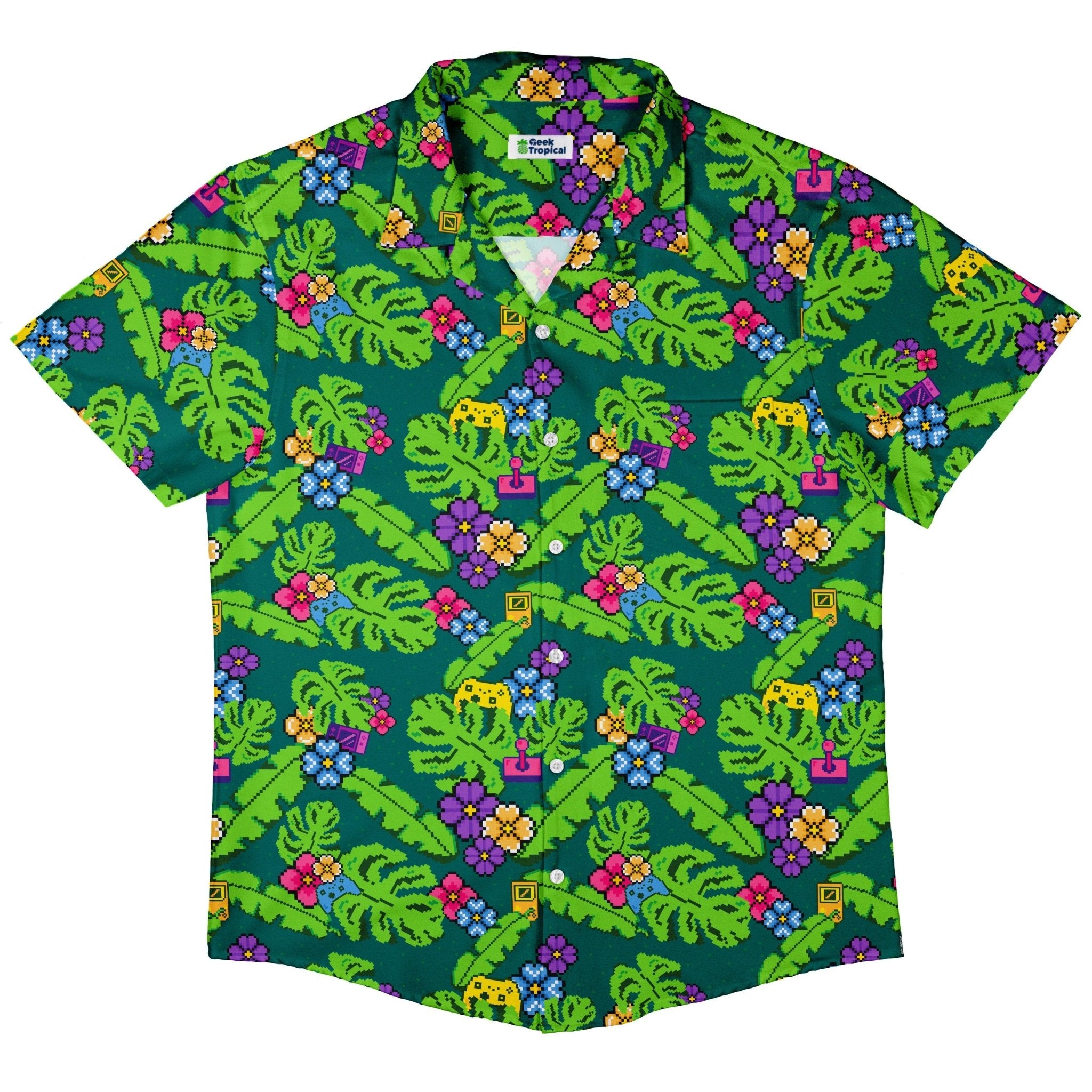 Tropical Video Game Pixels Button Up Shirt - adult sizing - Design by Dunking Toast - Tropical Hawaiian Patterns