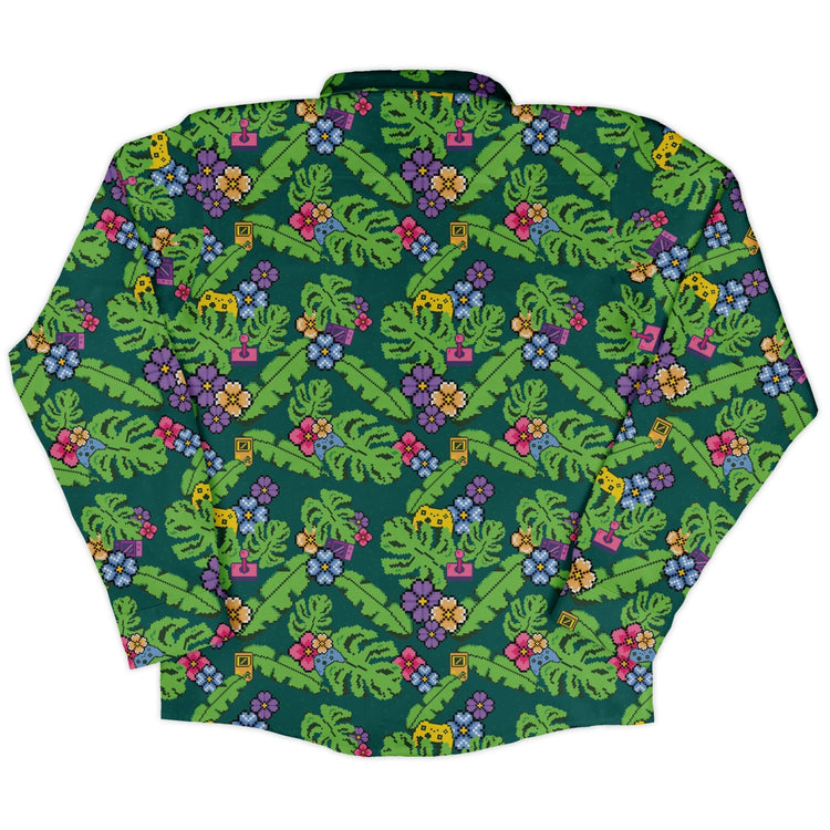 Tropical Video Game Pixels Long Sleeve Button Up Shirt Geek Nerd adult sizing Design by Dunking Toast FLOW DESC WRITING