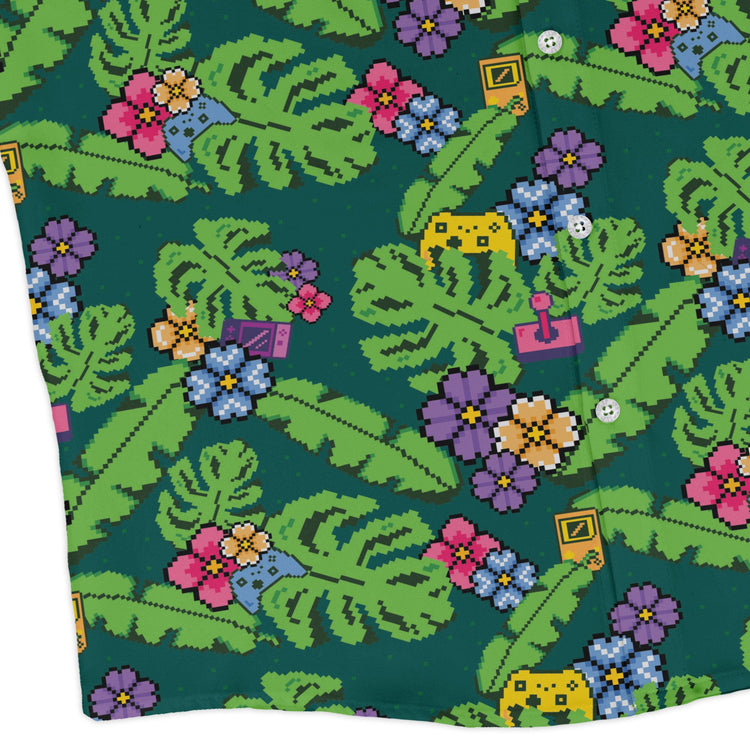 Tropical Video Game Pixels Long Sleeve Button Up Shirt Geek Nerd adult sizing Design by Dunking Toast FLOW DESC WRITING