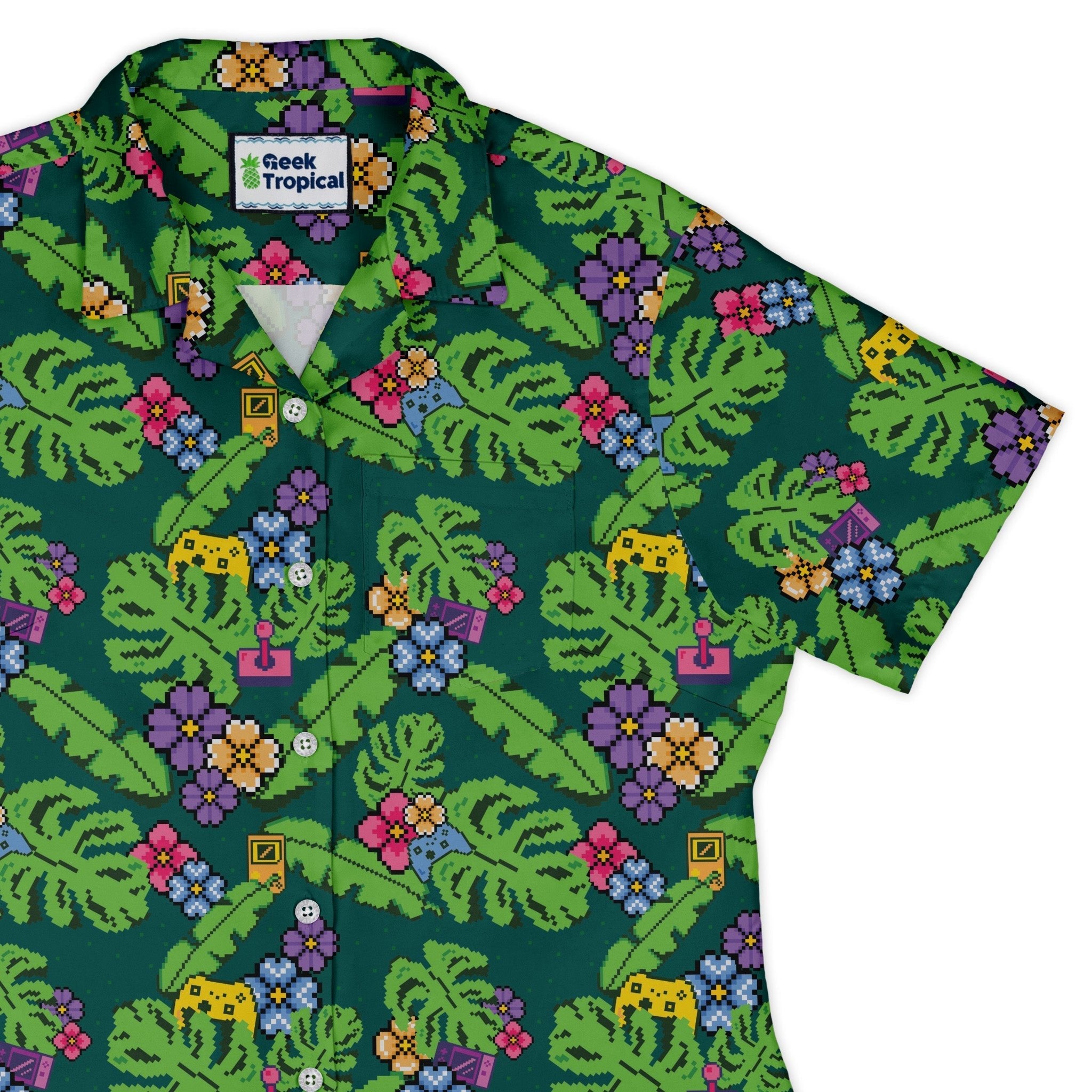 Tropical Video Game Pixels Curvy Button Up Shirt Geek Nerd Design by Dunking Toast Tropical Hawaiian Patterns video game arcade print