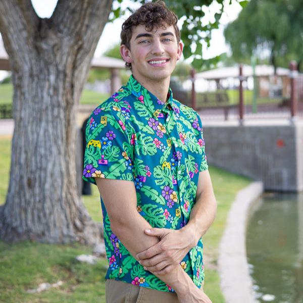 Tropical Video Game Pixels Button Up Shirt Geek Nerd adult sizing Design by Dunking Toast Tropical Hawaiian Patterns