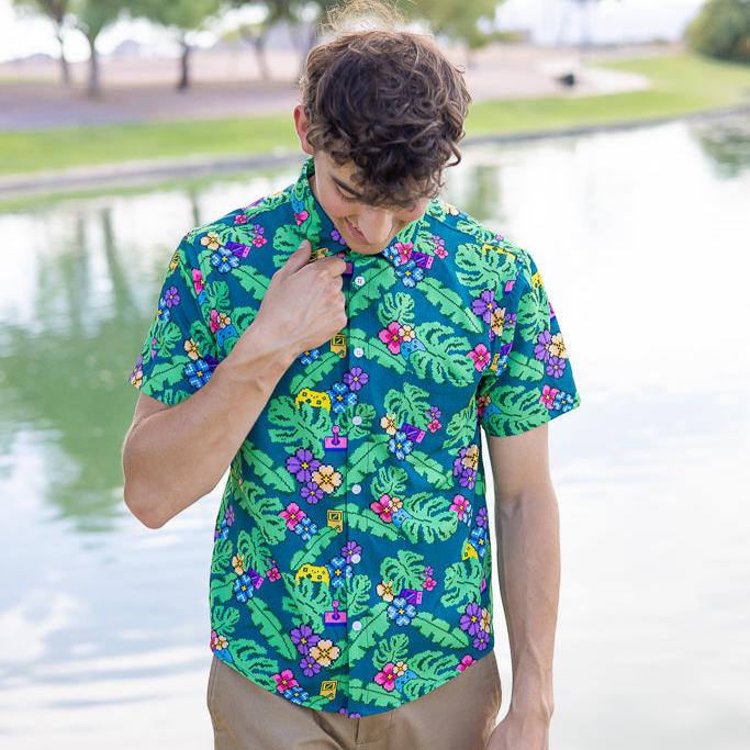 Tropical Video Game Pixels Button Up Shirt Geek Nerd adult sizing Design by Dunking Toast Tropical Hawaiian Patterns