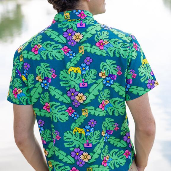 Tropical Video Game Pixels Button Up Shirt Geek Nerd adult sizing Design by Dunking Toast Tropical Hawaiian Patterns