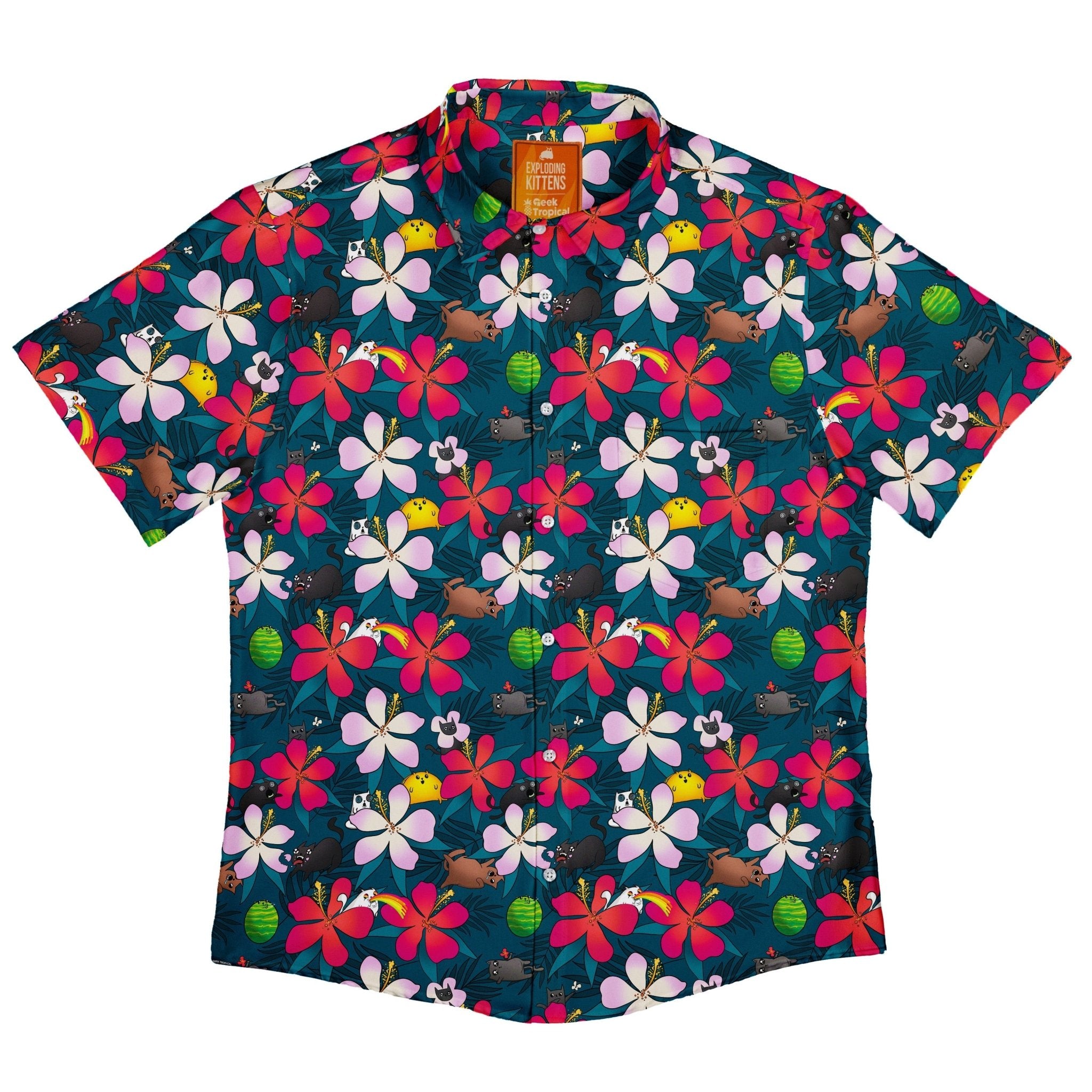 Tropical Exploding Kittens Button Up Shirt - adult sizing - Animal Patterns - board game print