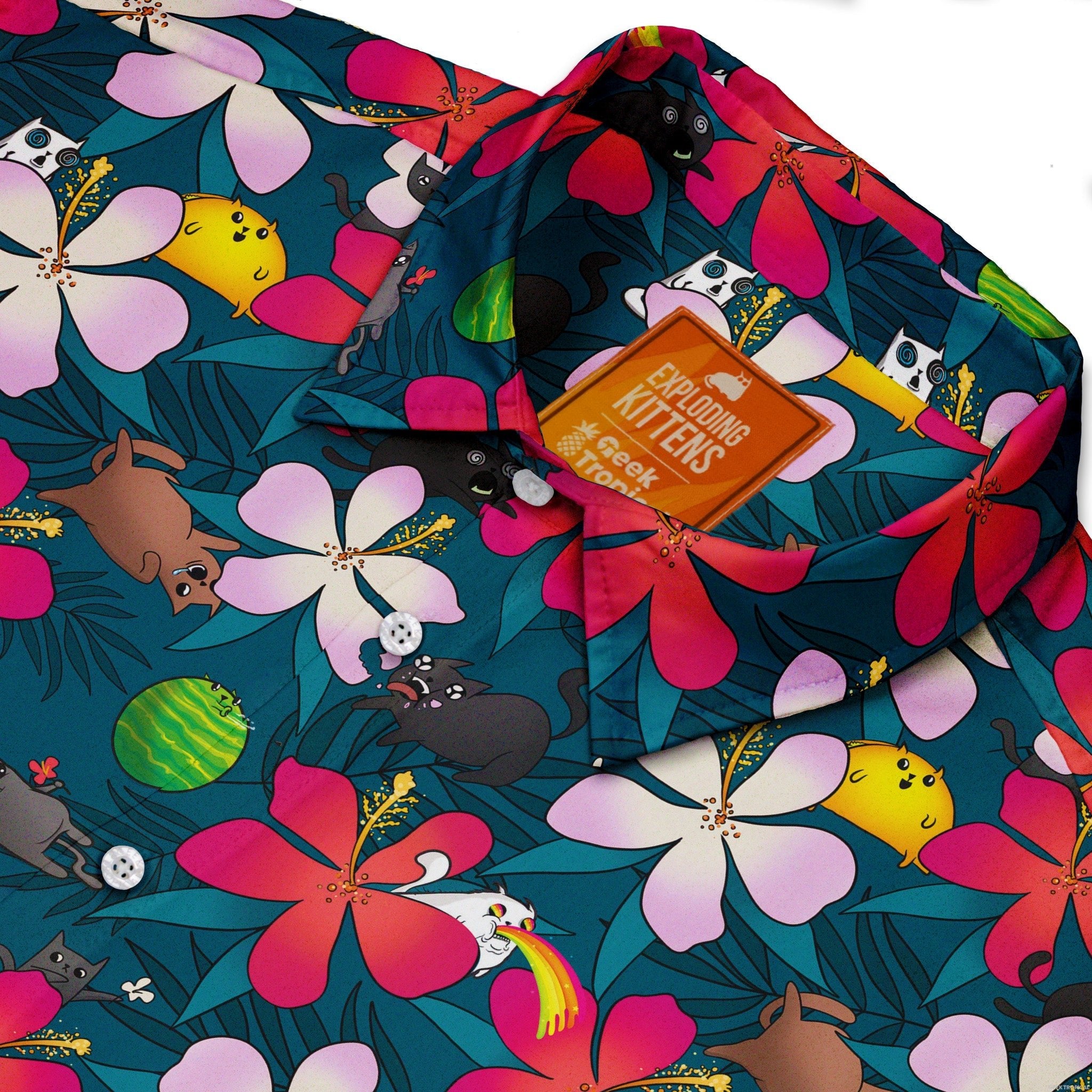 Tropical Exploding Kittens Button Up Shirt - adult sizing - Animal Patterns - board game print