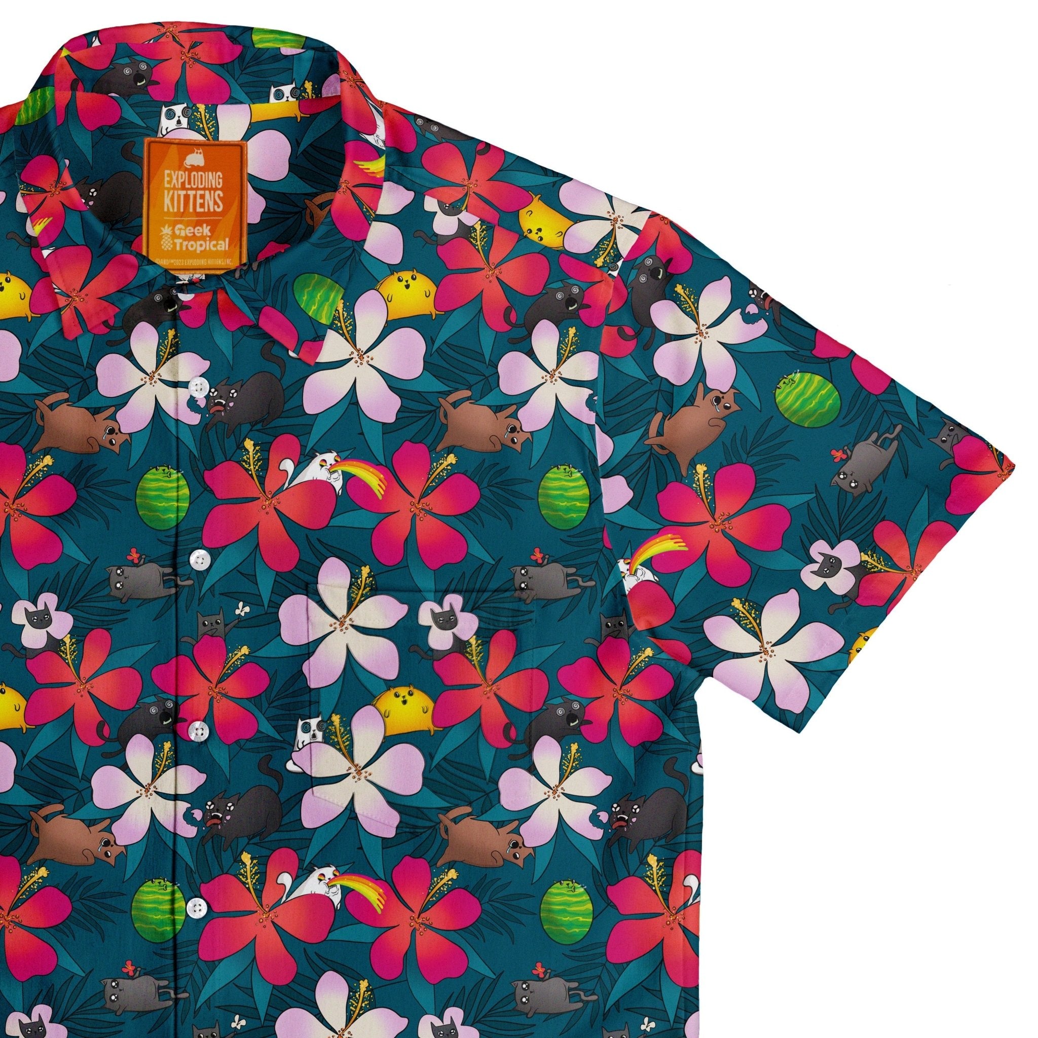 Tropical Exploding Kittens Button Up Shirt - adult sizing - Animal Patterns - board game print