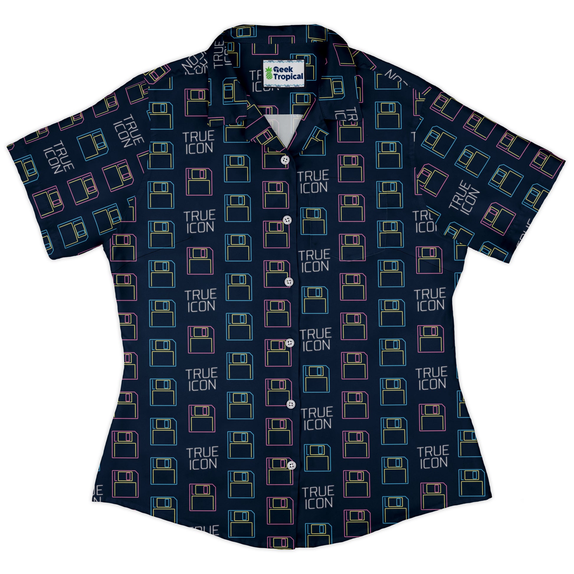 True Icon Floppy Disk Curvy Button Up Shirt Old Curvy Button Up Shirt womens front