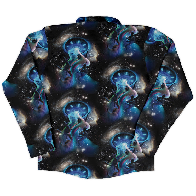 UFO Abduction of Dinosaurs Long Sleeve Button Up Shirt Geek Nerd adult sizing Design by Random Galaxy FLOW DESC WRITING