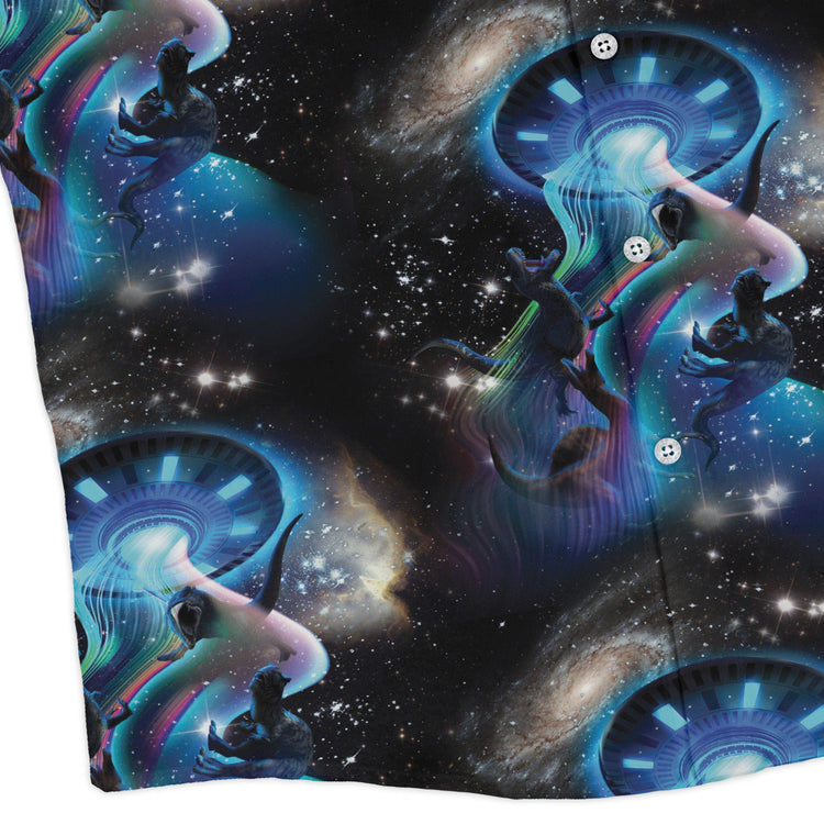 UFO Abduction of Dinosaurs Long Sleeve Button Up Shirt Geek Nerd adult sizing Design by Random Galaxy FLOW DESC WRITING
