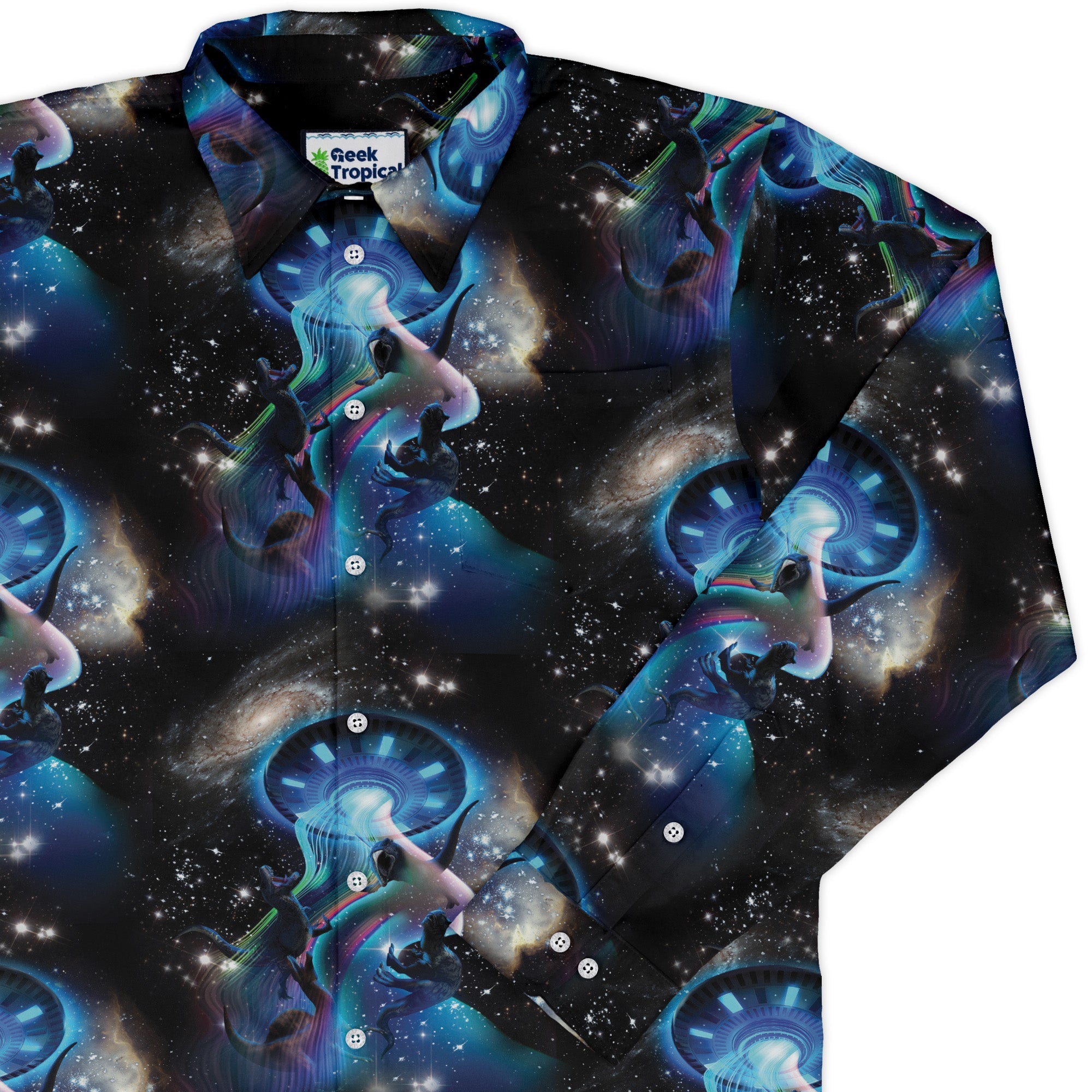 UFO Abduction of Dinosaurs Long Sleeve Button Up Shirt