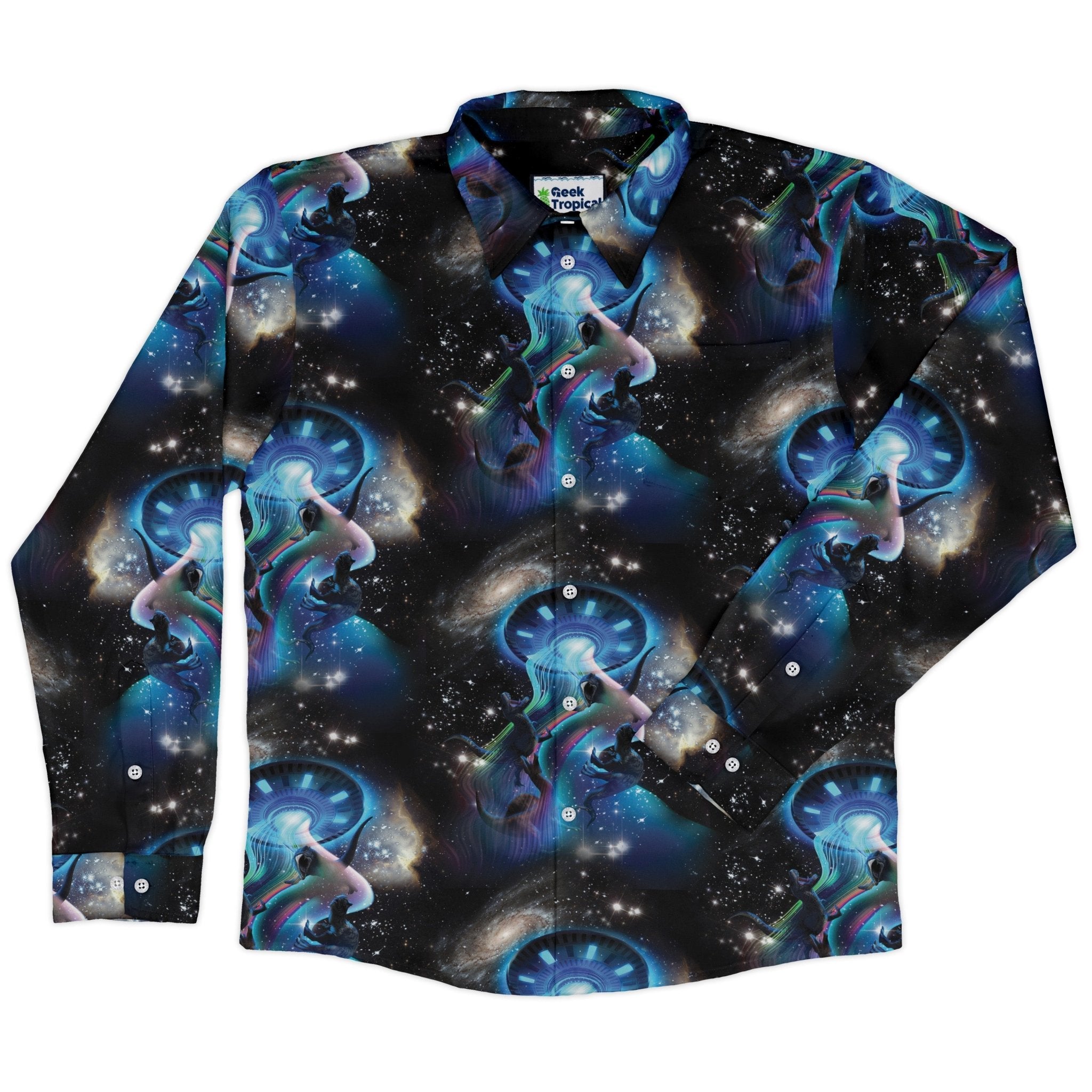 UFO Abduction of Dinosaurs Long Sleeve Button Up Shirt Geek Nerd adult sizing Design by Random Galaxy FLOW DESC WRITING