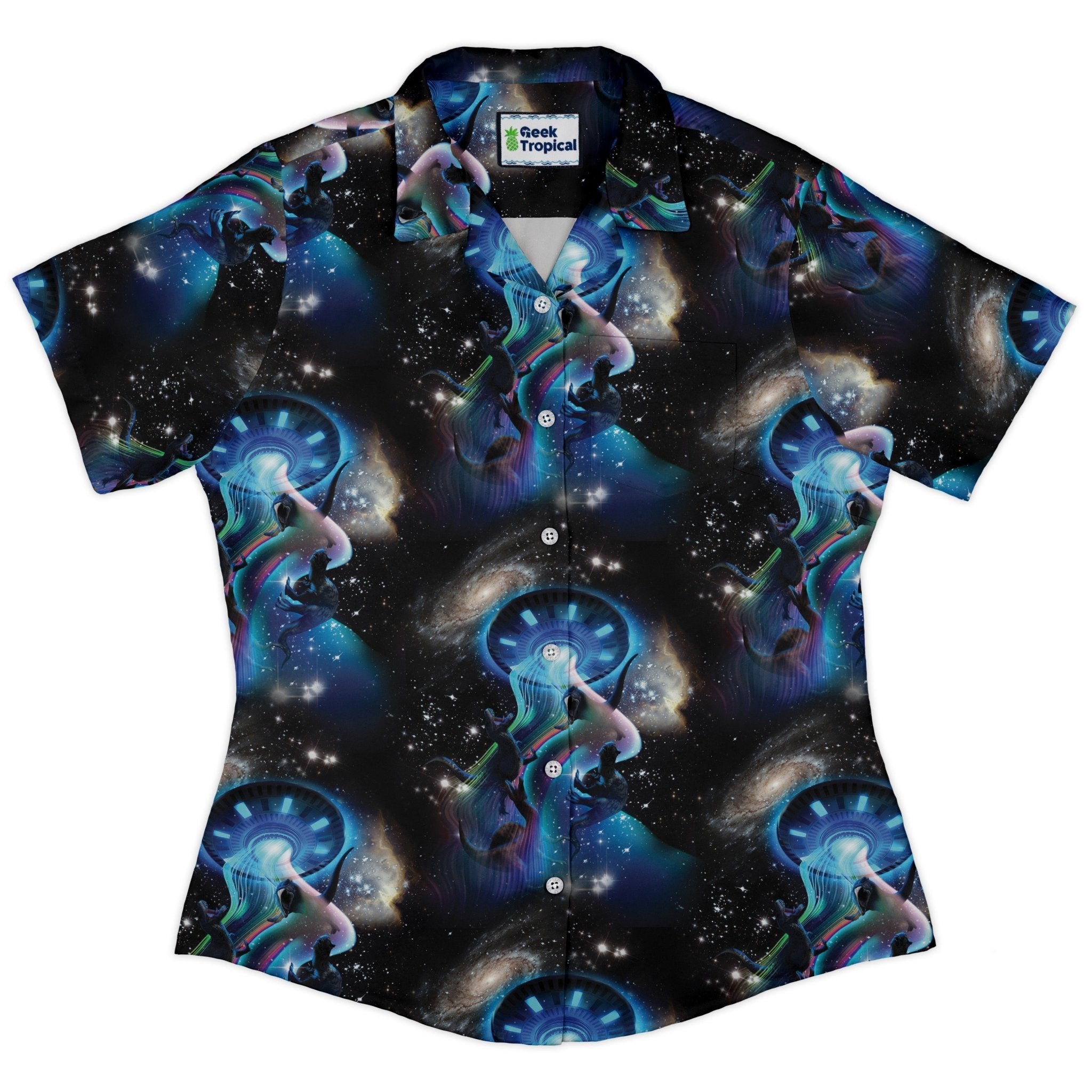 UFO Abduction of Dinosaurs Curvy Button Up Shirt Geek Nerd Design by Random Galaxy Maximalist Patterns outer space & astronaut print