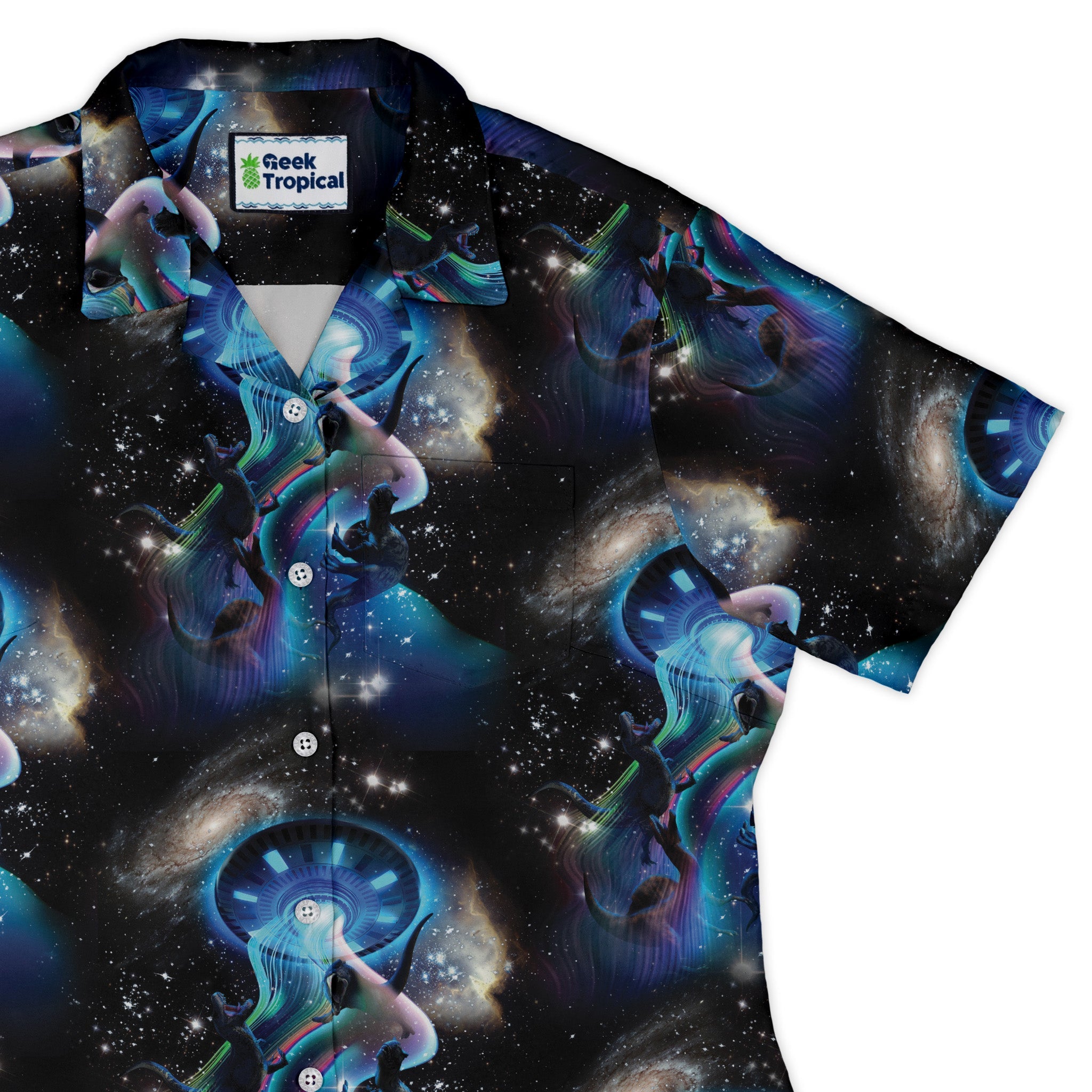 UFO Abduction of Dinosaurs Curvy Button Up Shirt Geek Nerd Design by Random Galaxy Maximalist Patterns outer space & astronaut print