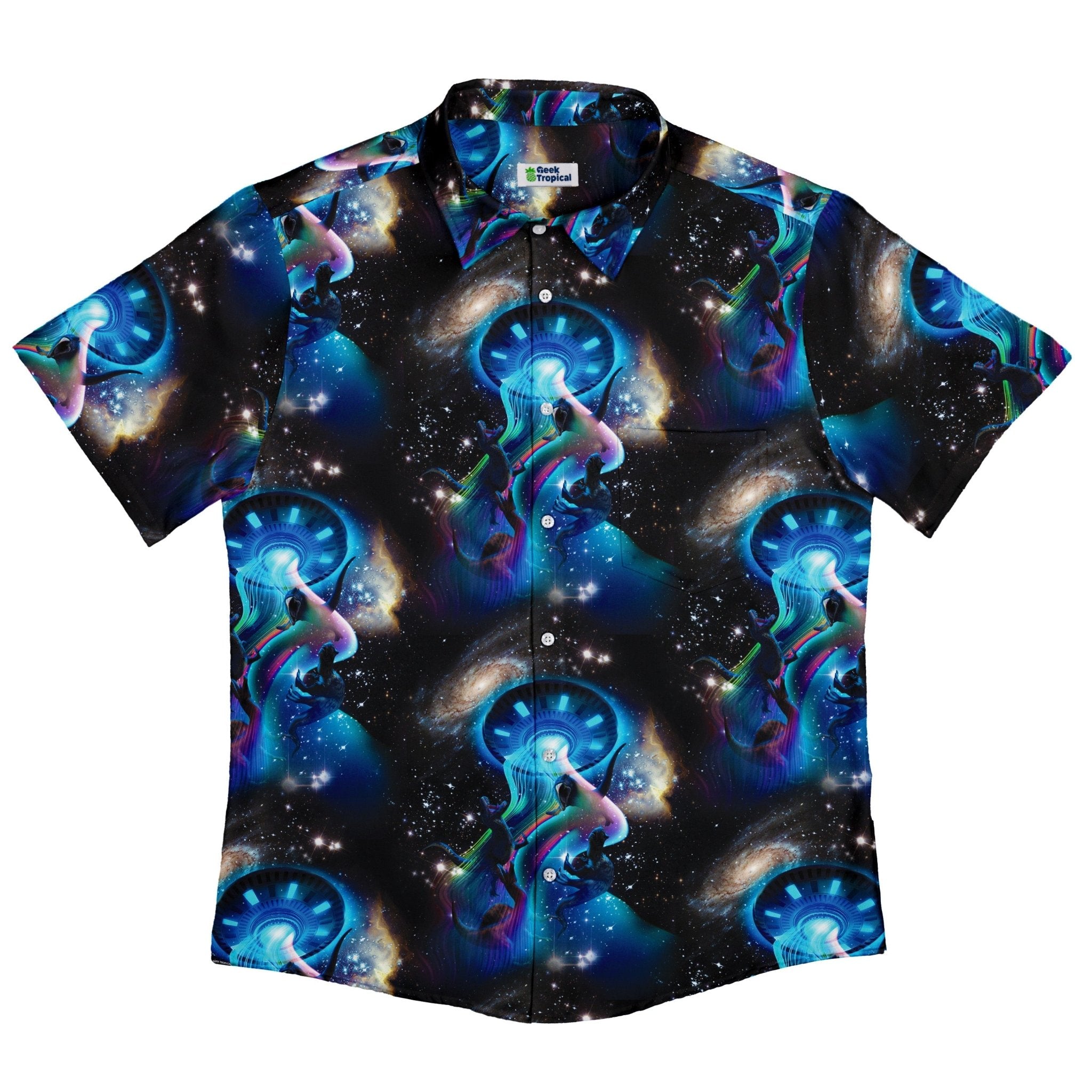 UFO Abduction of Dinosaurs Button Up Shirt - adult sizing - Design by Random Galaxy - Maximalist Patterns