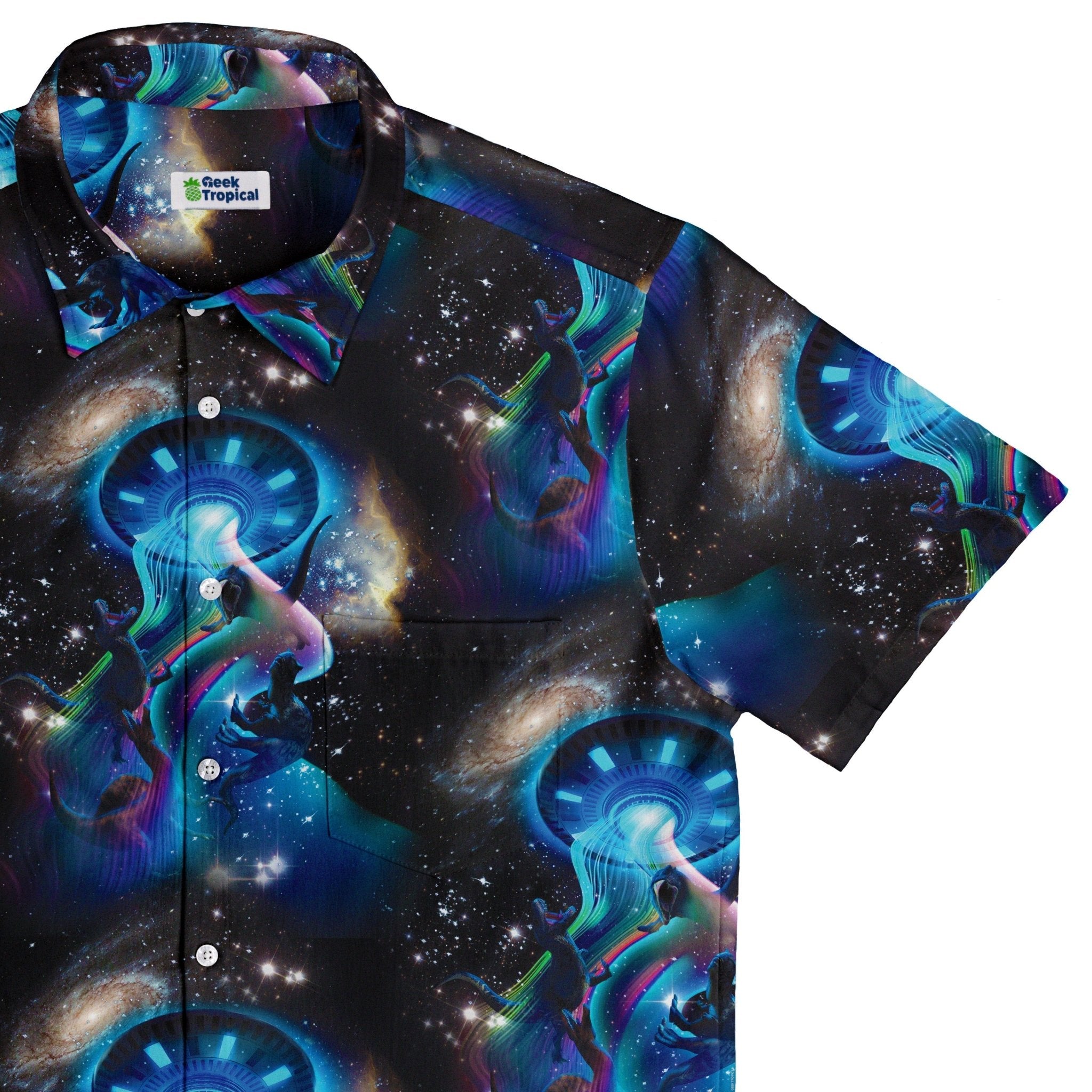 UFO Abduction of Dinosaurs Button Up Shirt - adult sizing - Design by Random Galaxy - Maximalist Patterns