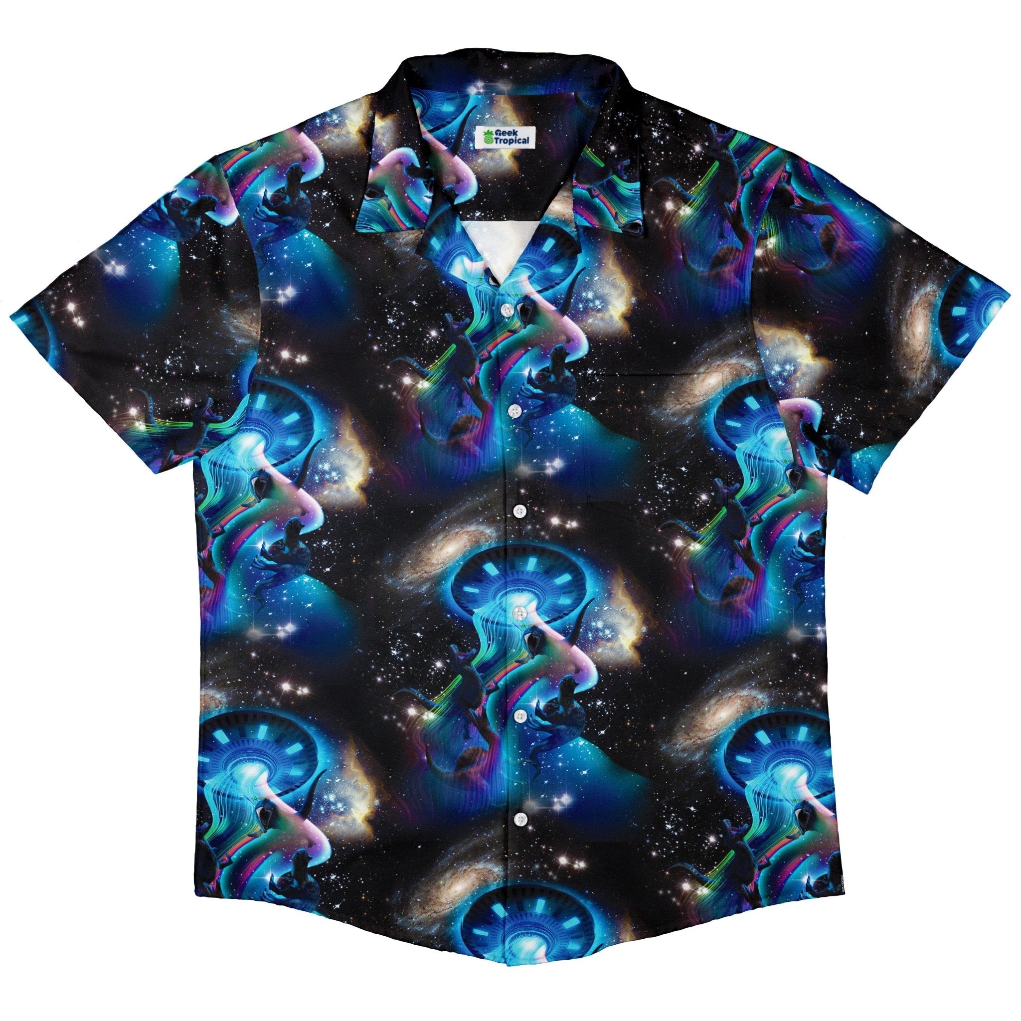 UFO Abduction of Dinosaurs Button Up Shirt - adult sizing - Design by Random Galaxy - Maximalist Patterns