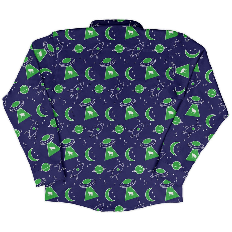 UFO Cow Abduction Long Sleeve Button Up Shirt Geek Nerd adult sizing Animal Patterns Design by Heather Davenport