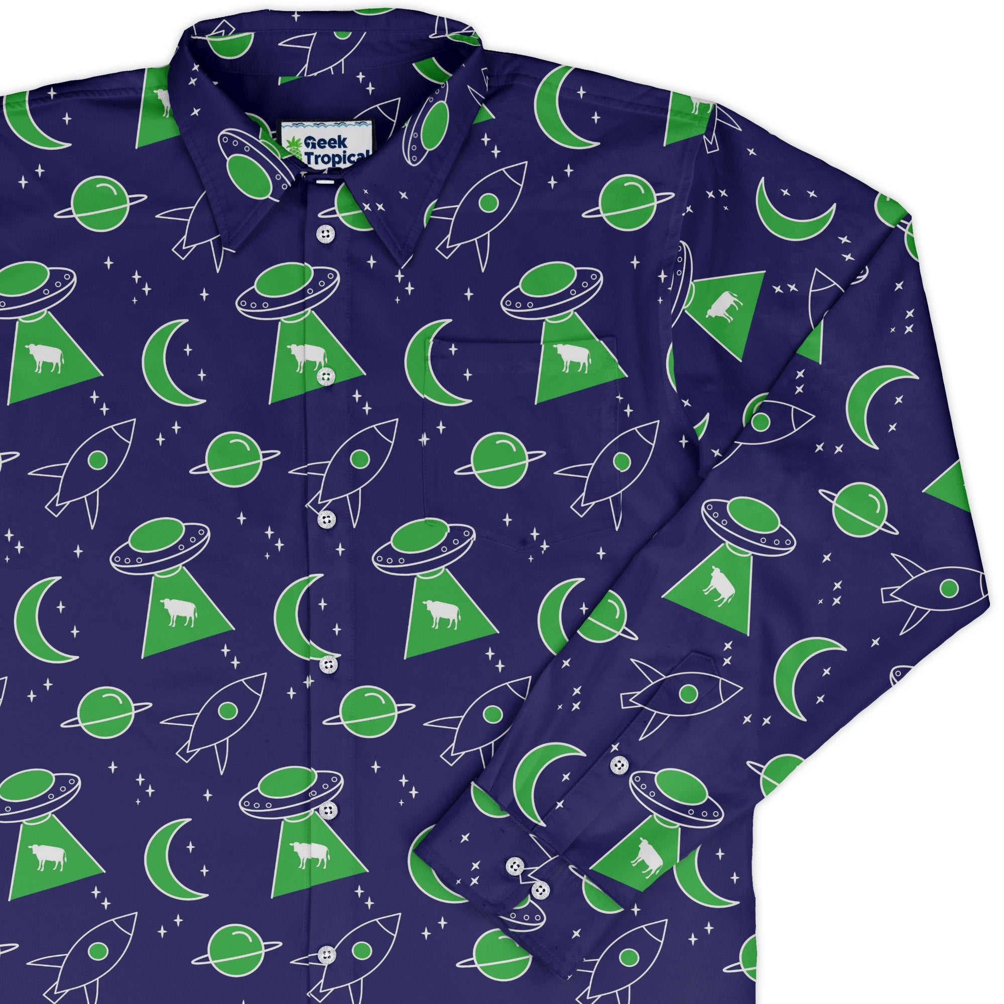 UFO Cow Abduction Long Sleeve Button Up Shirt