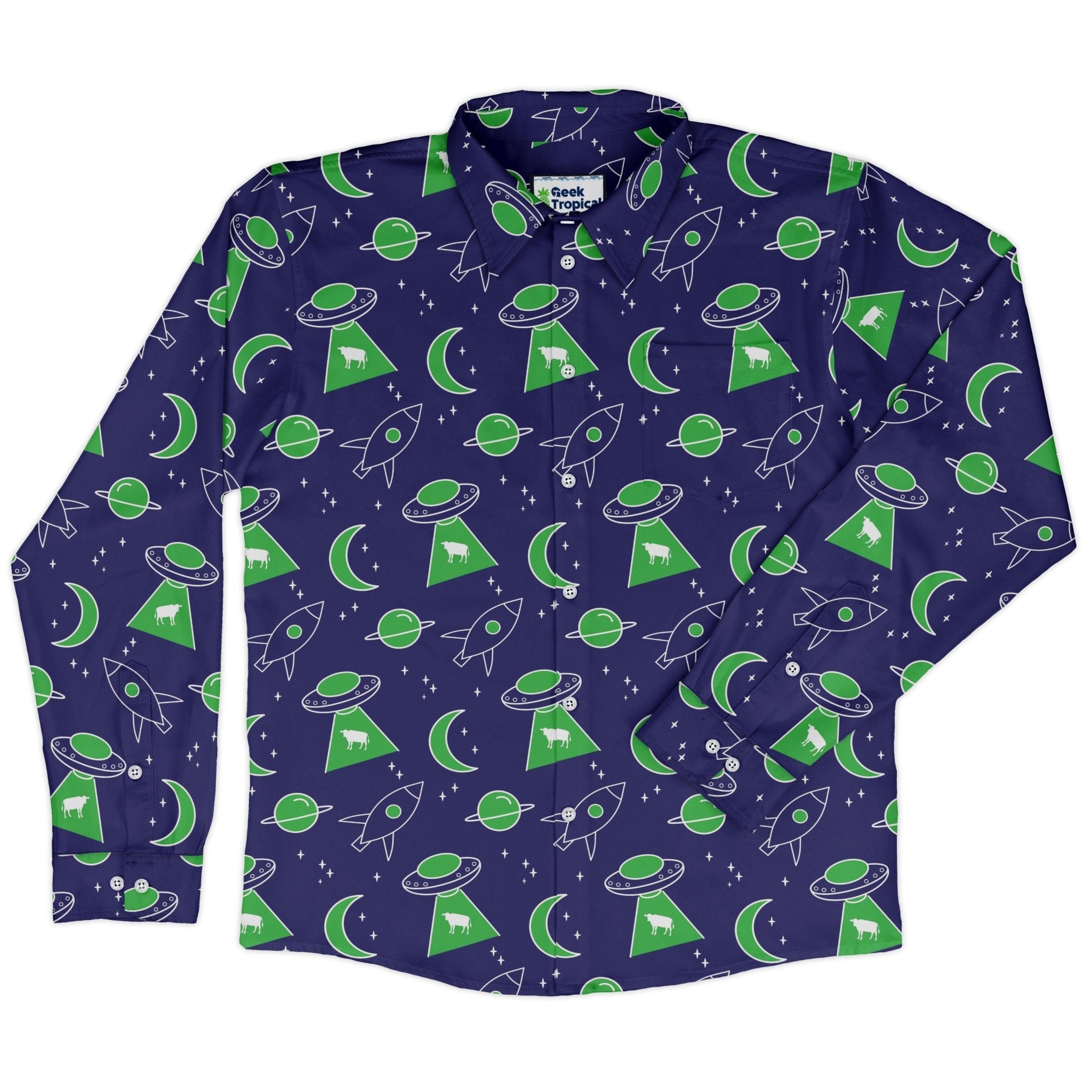 UFO Cow Abduction Long Sleeve Button Up Shirt Geek Nerd adult sizing Animal Patterns Design by Heather Davenport