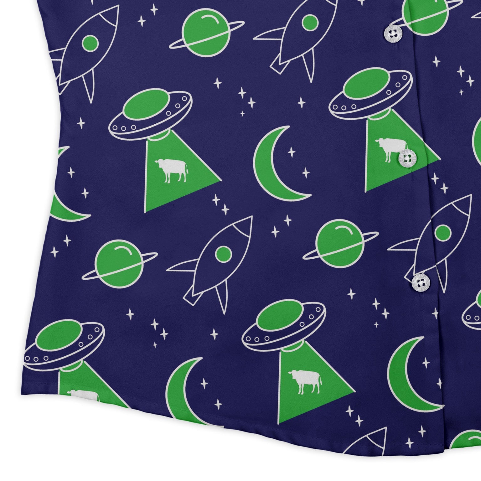 UFO Cow Abduction Curvy Button Up Shirt Geek Nerd Animal Patterns Design by Heather Davenport outer space & astronaut print