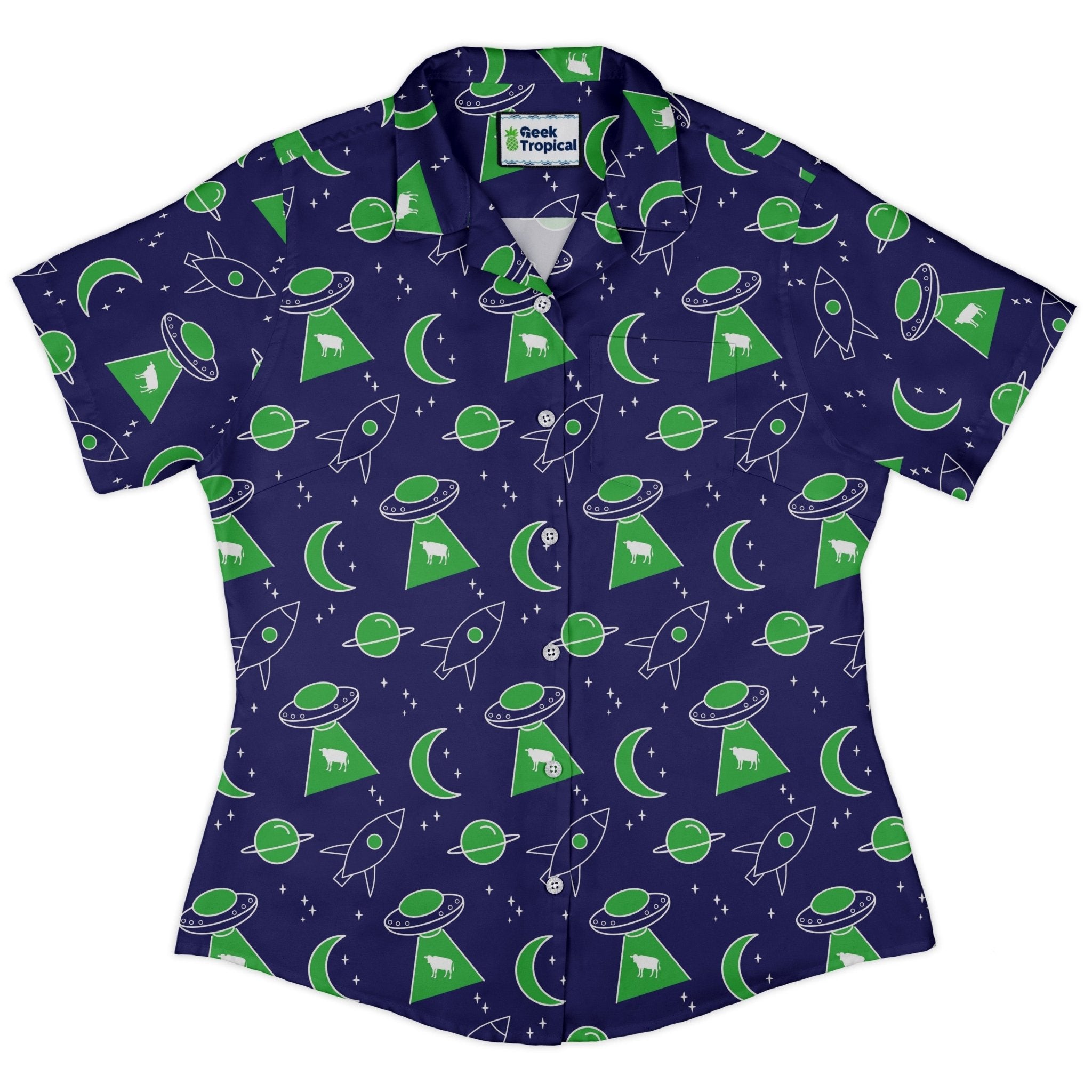 UFO Cow Abduction Curvy Button Up Shirt Geek Nerd Animal Patterns Design by Heather Davenport outer space & astronaut print