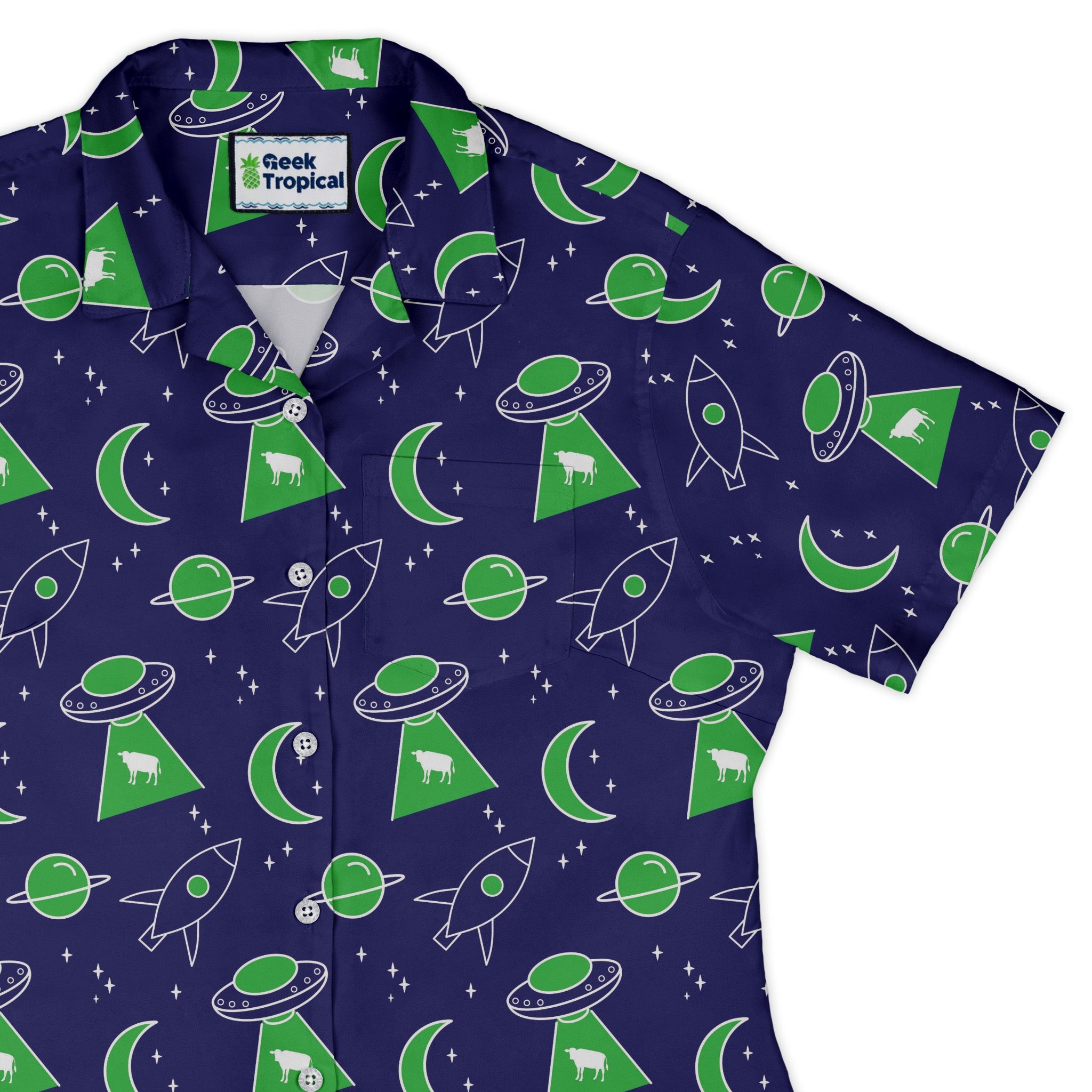 UFO Cow Abduction Curvy Button Up Shirt Geek Nerd Animal Patterns Design by Heather Davenport outer space & astronaut print