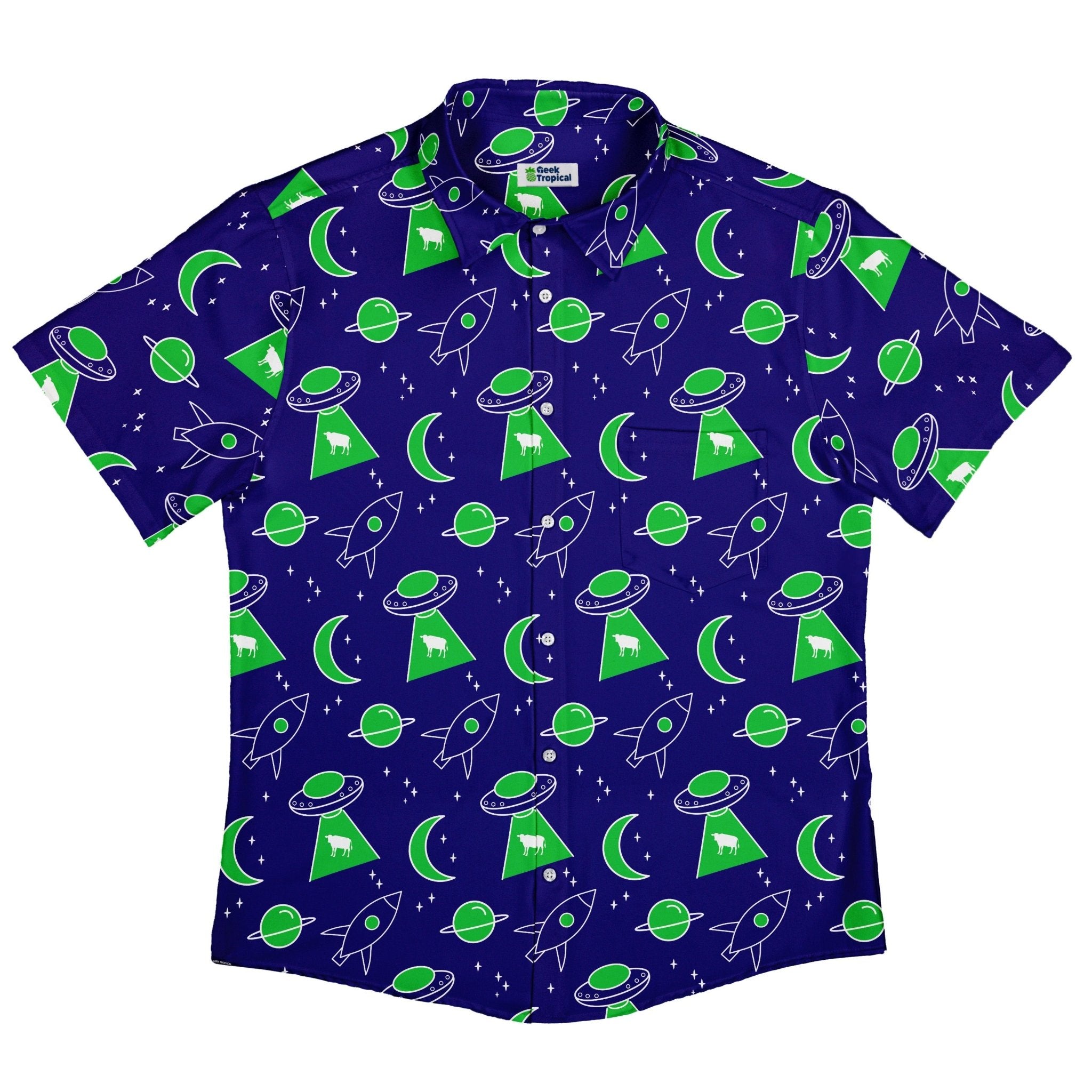 UFO Cow Abduction Button Up Shirt - adult sizing - Animal Patterns - Design by Heather Davenport