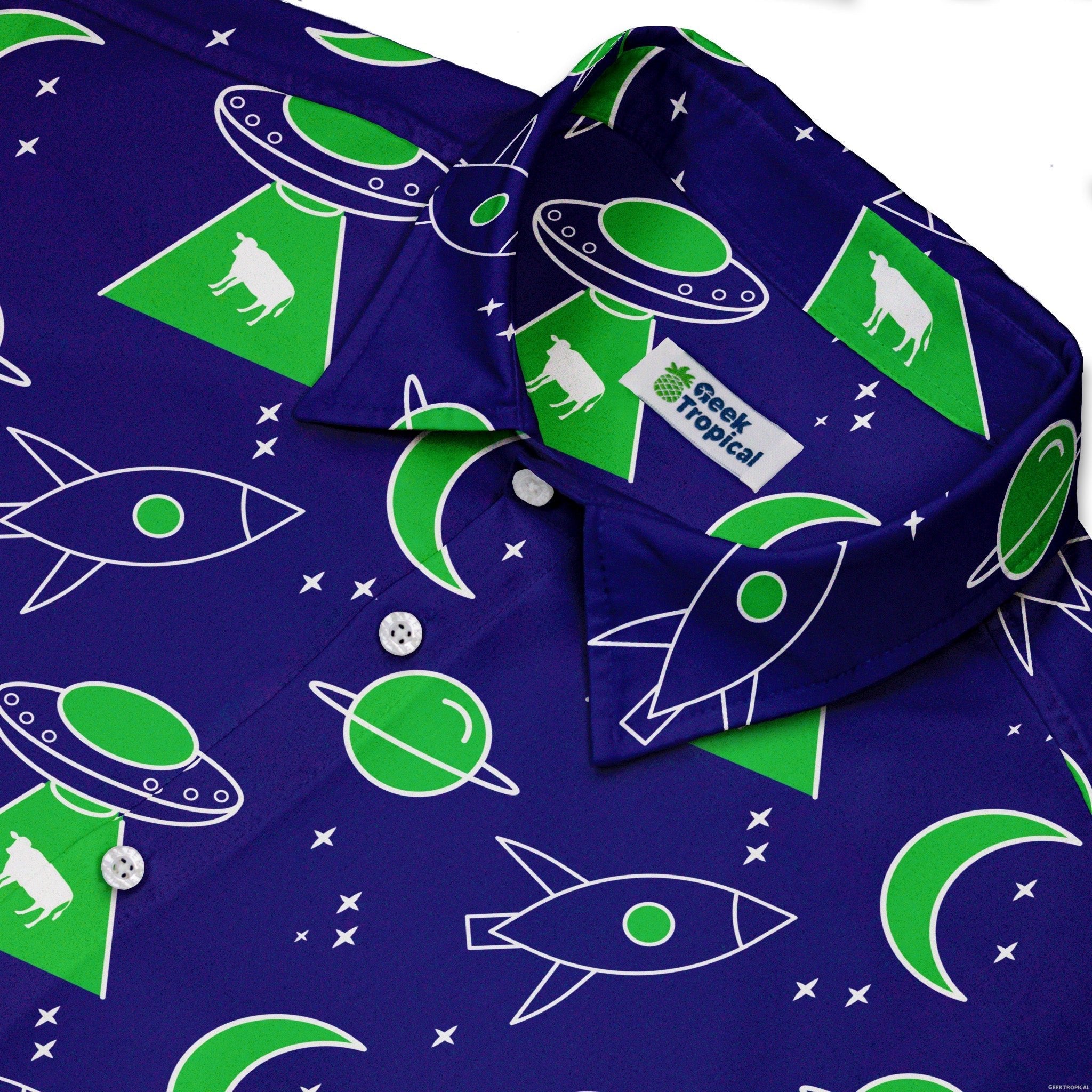 UFO Cow Abduction Button Up Shirt - adult sizing - Animal Patterns - Design by Heather Davenport