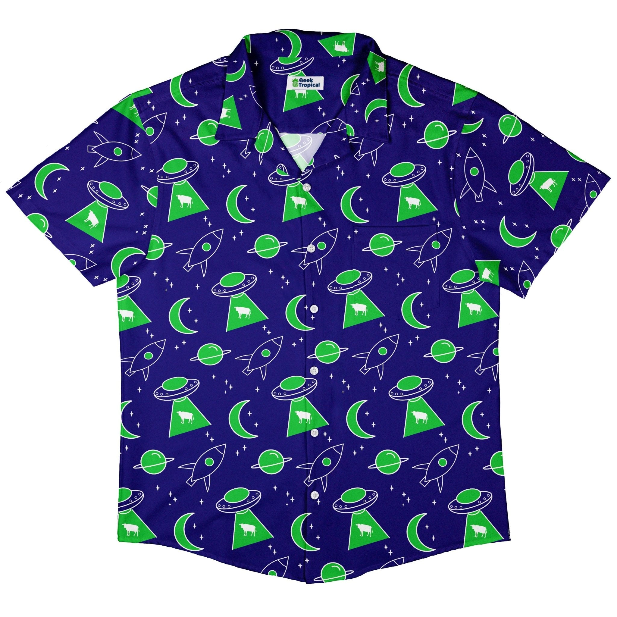 UFO Cow Abduction Button Up Shirt - adult sizing - Animal Patterns - Design by Heather Davenport