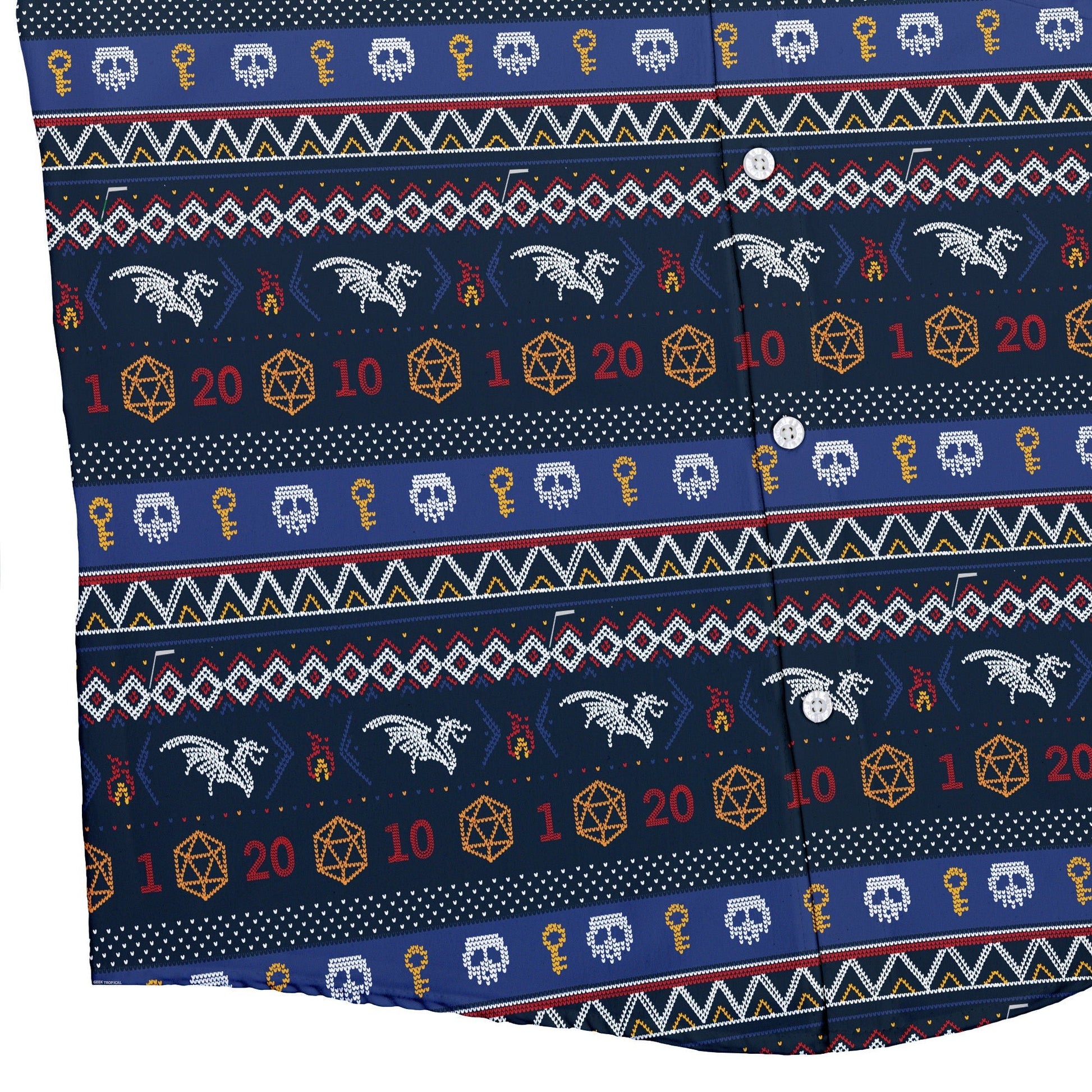 Ugly Christmas Sweater DND Adventure Button Up Shirt Geek Nerd adult sizing Christmas Print Design by Claire Murphy