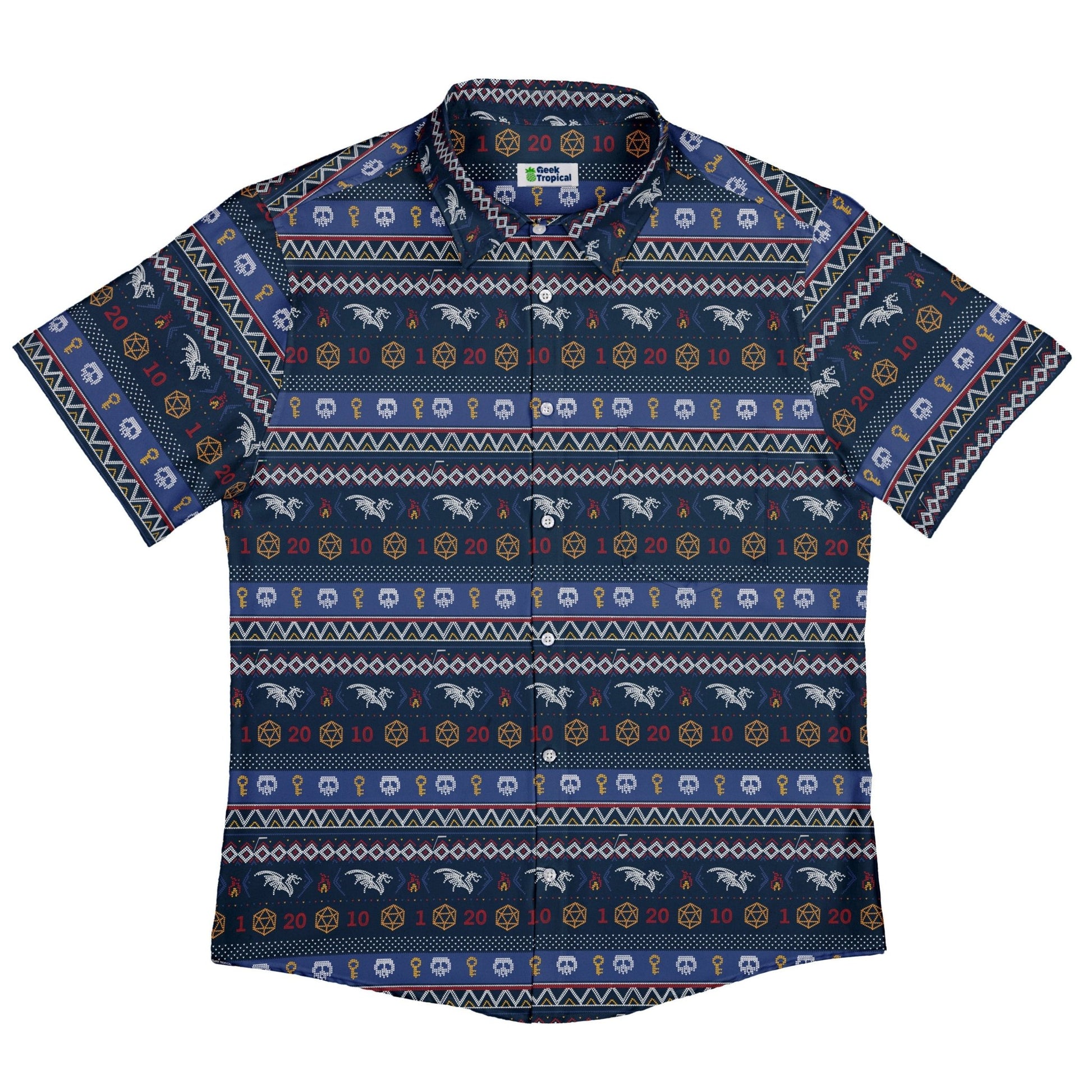 Ugly Christmas Sweater DND Adventure Button Up Shirt Geek Nerd adult sizing Christmas Print Design by Claire Murphy