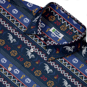 Ugly Christmas Sweater DND Adventure Button Up Shirt Geek Nerd adult sizing Christmas Print Design by Claire Murphy