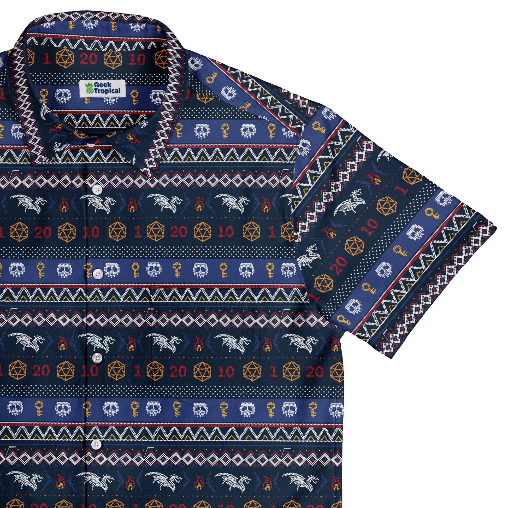 Ugly Christmas Sweater DND Adventure Button Up Shirt Geek Nerd adult sizing Christmas Print Design by Claire Murphy