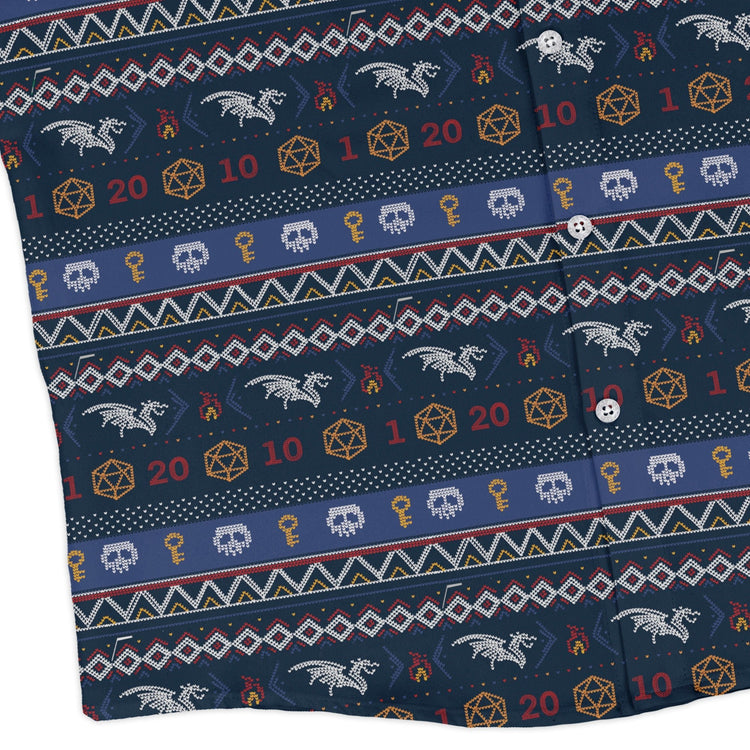 Ugly Christmas Sweater DND Adventure Long Sleeve Button Up Shirt Geek Nerd adult sizing Christmas Print Design by Claire Murphy