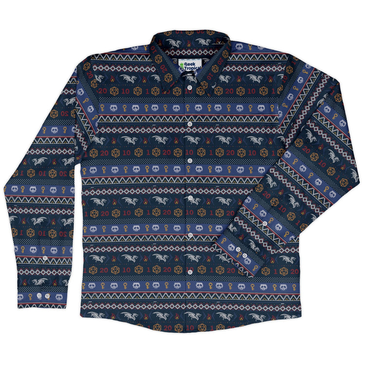 Ugly Christmas Sweater DND Adventure Long Sleeve Button Up Shirt Geek Nerd adult sizing Christmas Print Design by Claire Murphy