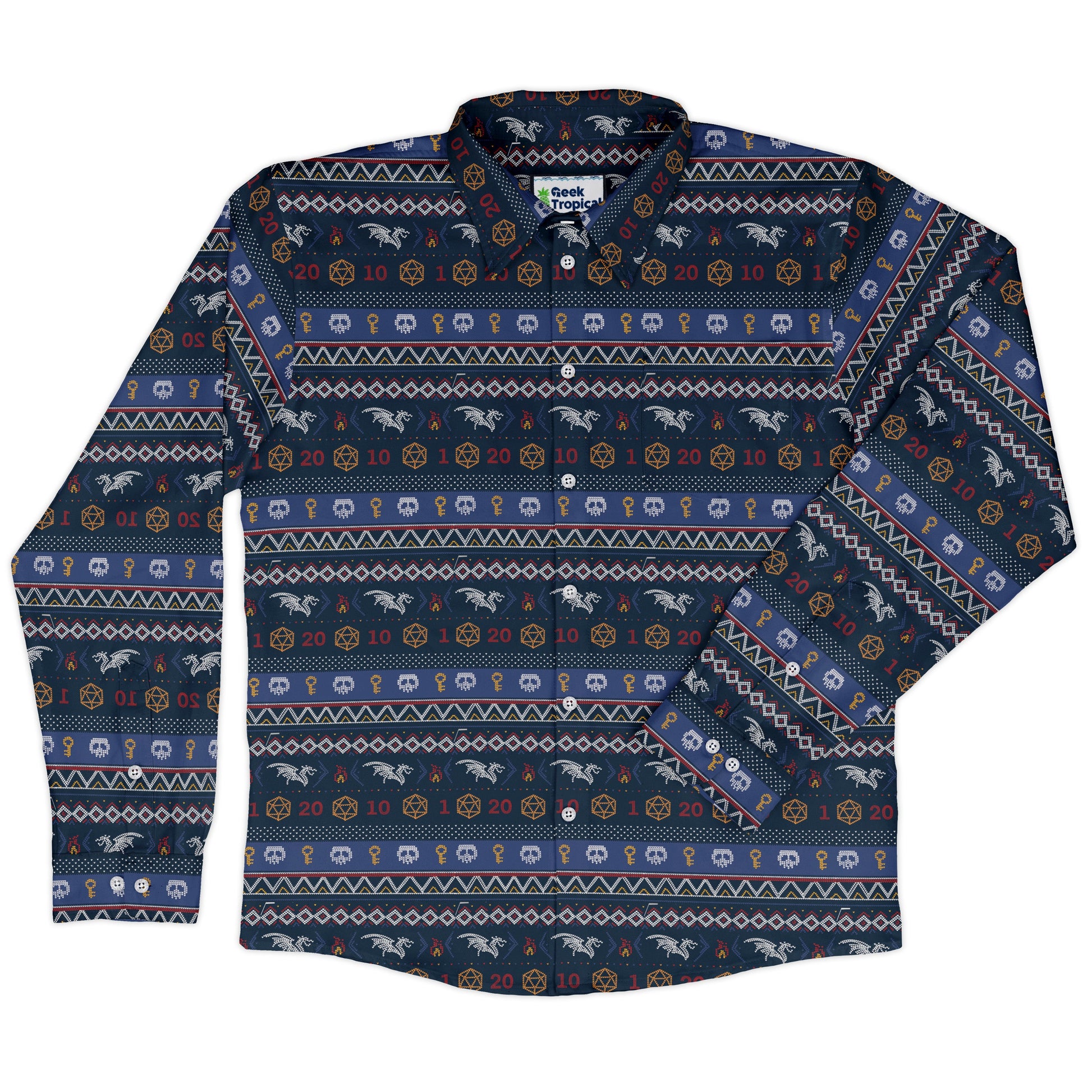Ugly Christmas Sweater DND Adventure Long Sleeve Button Up Shirt