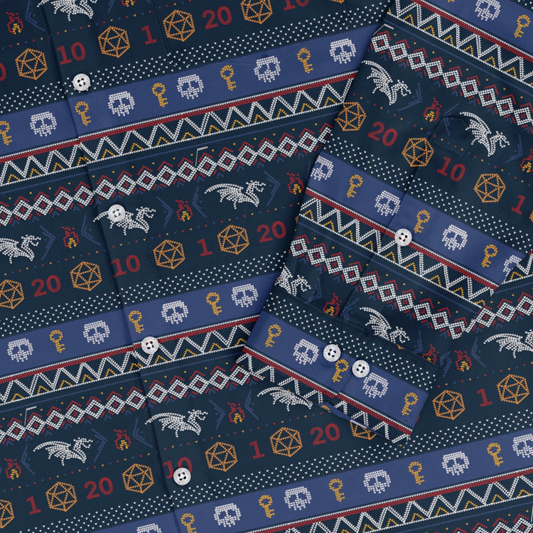 Ugly Christmas Sweater DND Adventure Long Sleeve Button Up Shirt Geek Nerd adult sizing Christmas Print Design by Claire Murphy