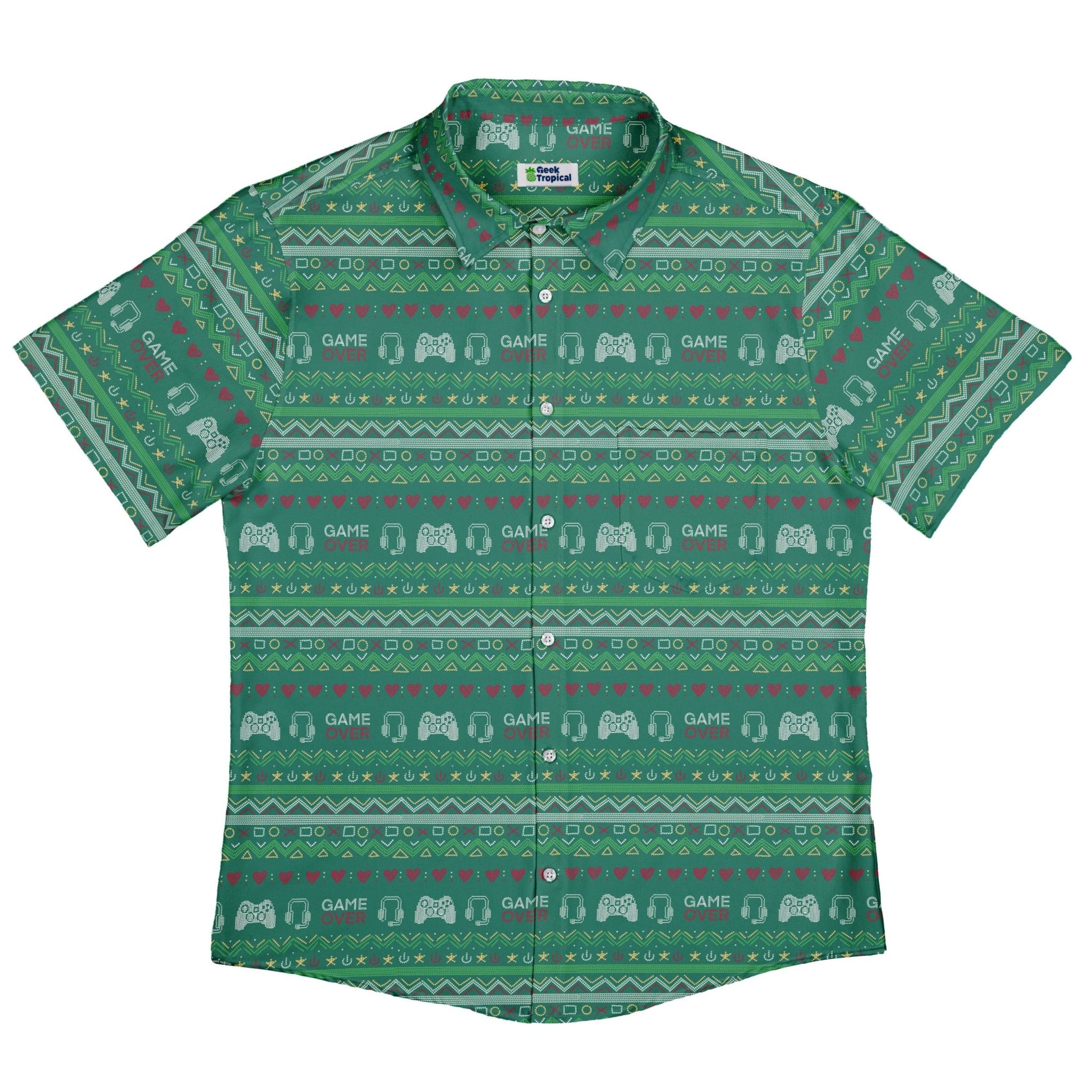 Ugly Christmas Sweater Video Gamer Button Up Shirt Geek Nerd adult sizing Christmas Print Design by Claire Murphy