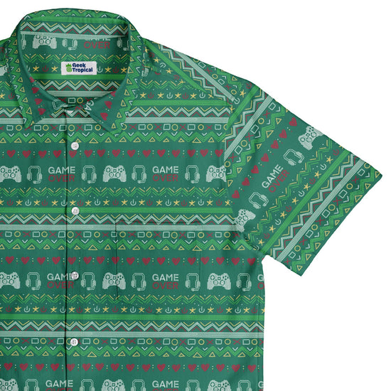 Ugly Christmas Sweater Video Gamer Button Up Shirt Geek Nerd adult sizing Christmas Print Design by Claire Murphy
