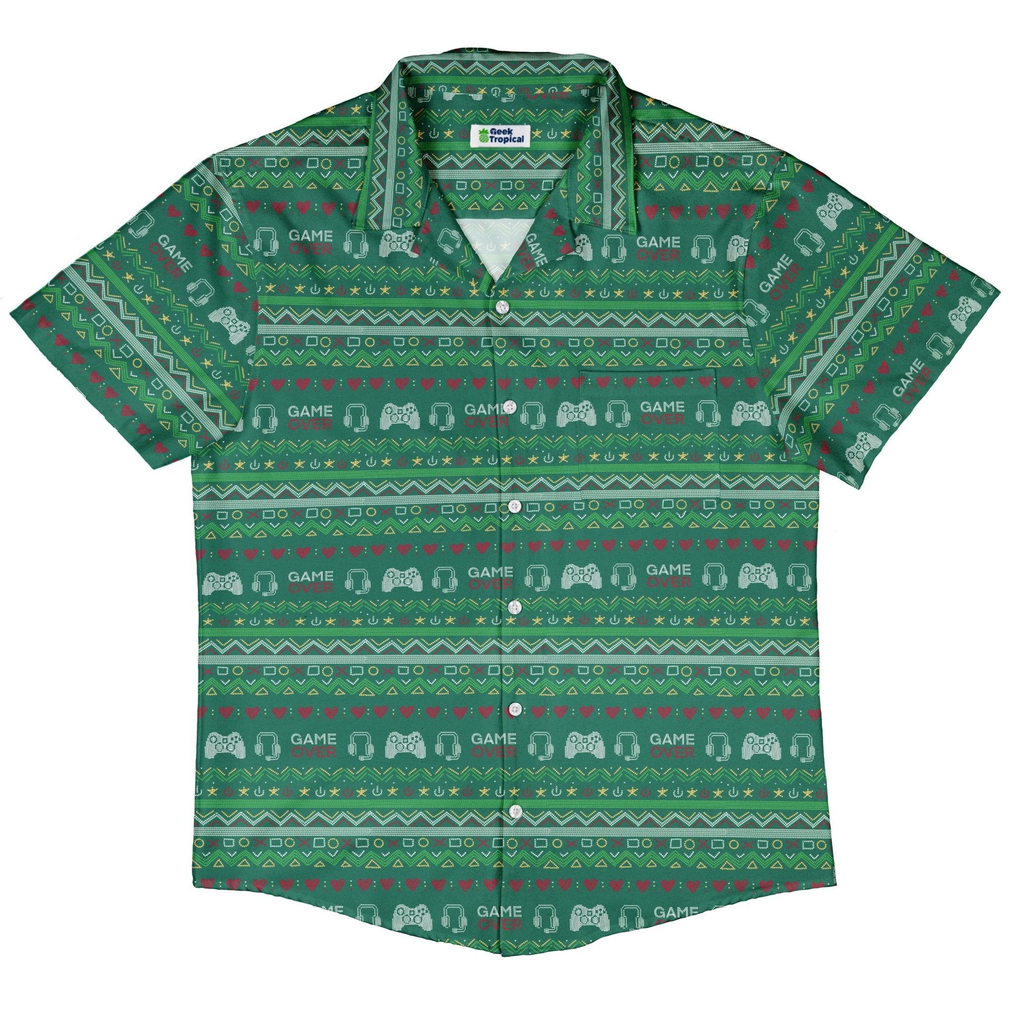 Ugly Christmas Sweater Video Gamer Button Up Shirt Geek Nerd adult sizing Christmas Print Design by Claire Murphy