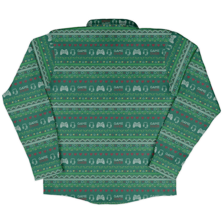 Ugly Christmas Sweater Video Gamer Long Sleeve Button Up Shirt Geek Nerd adult sizing Christmas Print Design by Claire Murphy