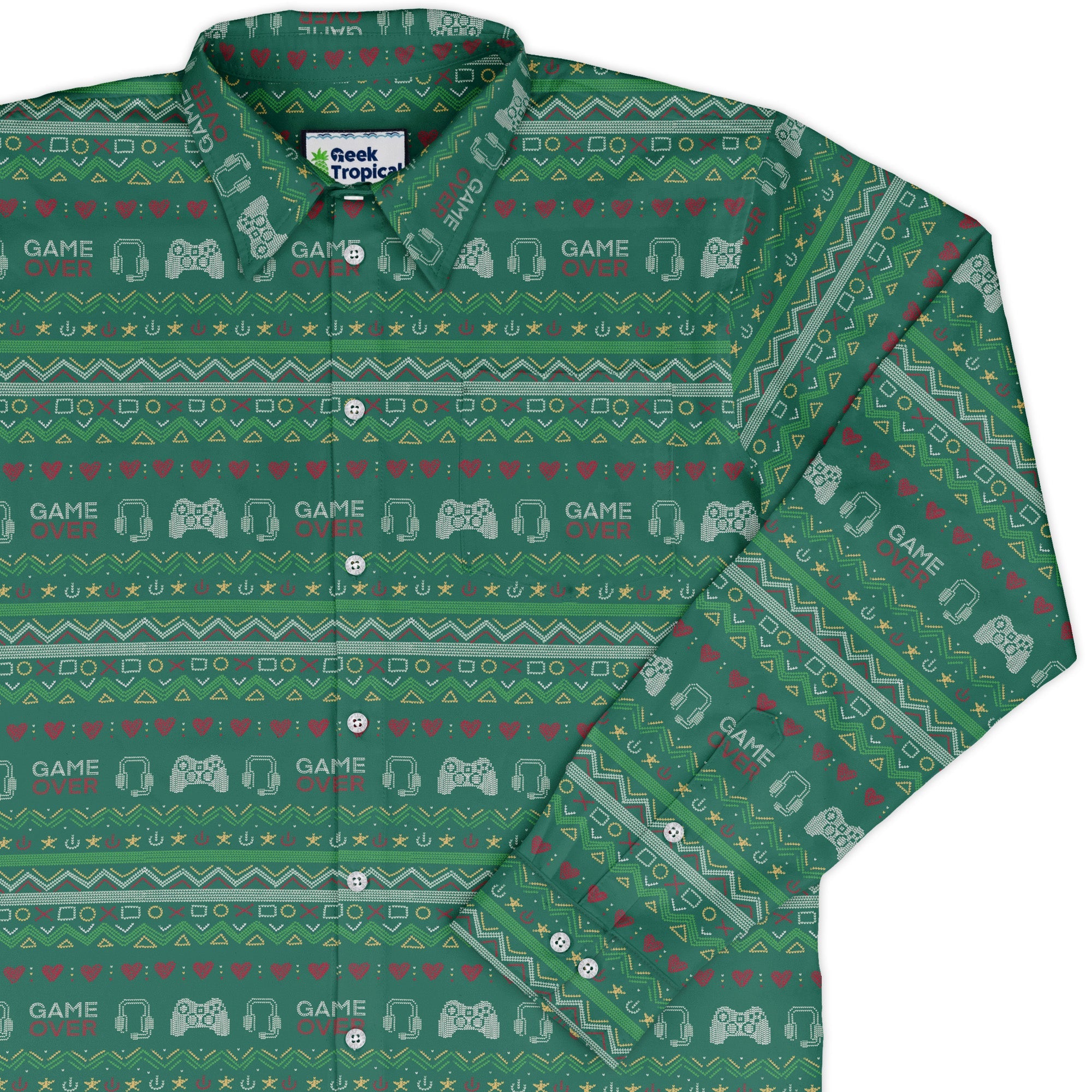 Ugly Christmas Sweater Video Gamer Long Sleeve Button Up Shirt