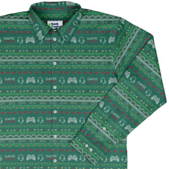 Ugly Christmas Sweater Video Gamer Long Sleeve Button Up Shirt Geek Nerd adult sizing Christmas Print Design by Claire Murphy